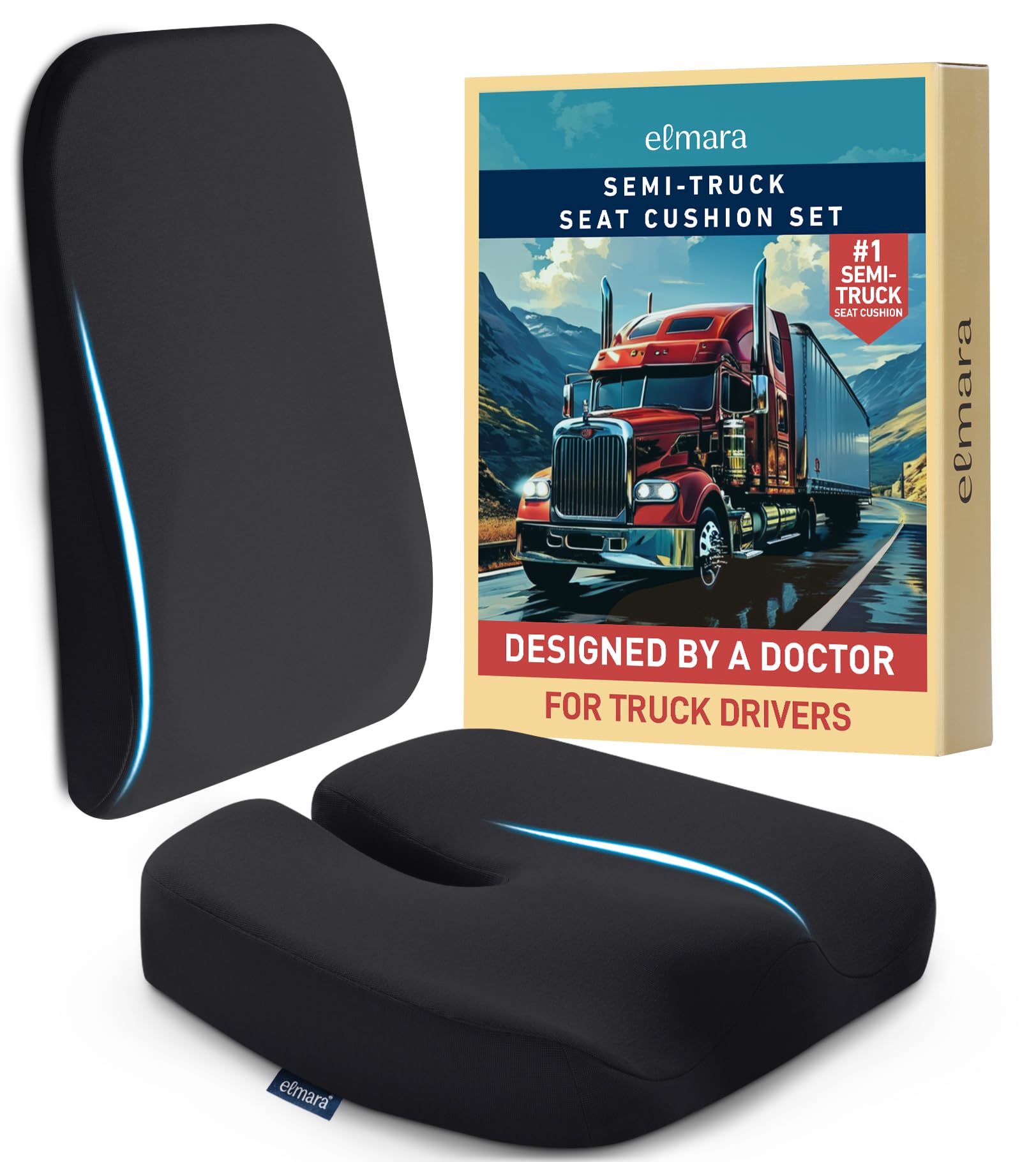 Elmara Doctor-Designed Semi-Truck Seat Cushion for Truck Driver – The Ultimate Comfort Solution for Long-Haul Drivers – Trucker Seat Cushion & Back Support – 2-Piece Ergonomic Set (Black) -Like New