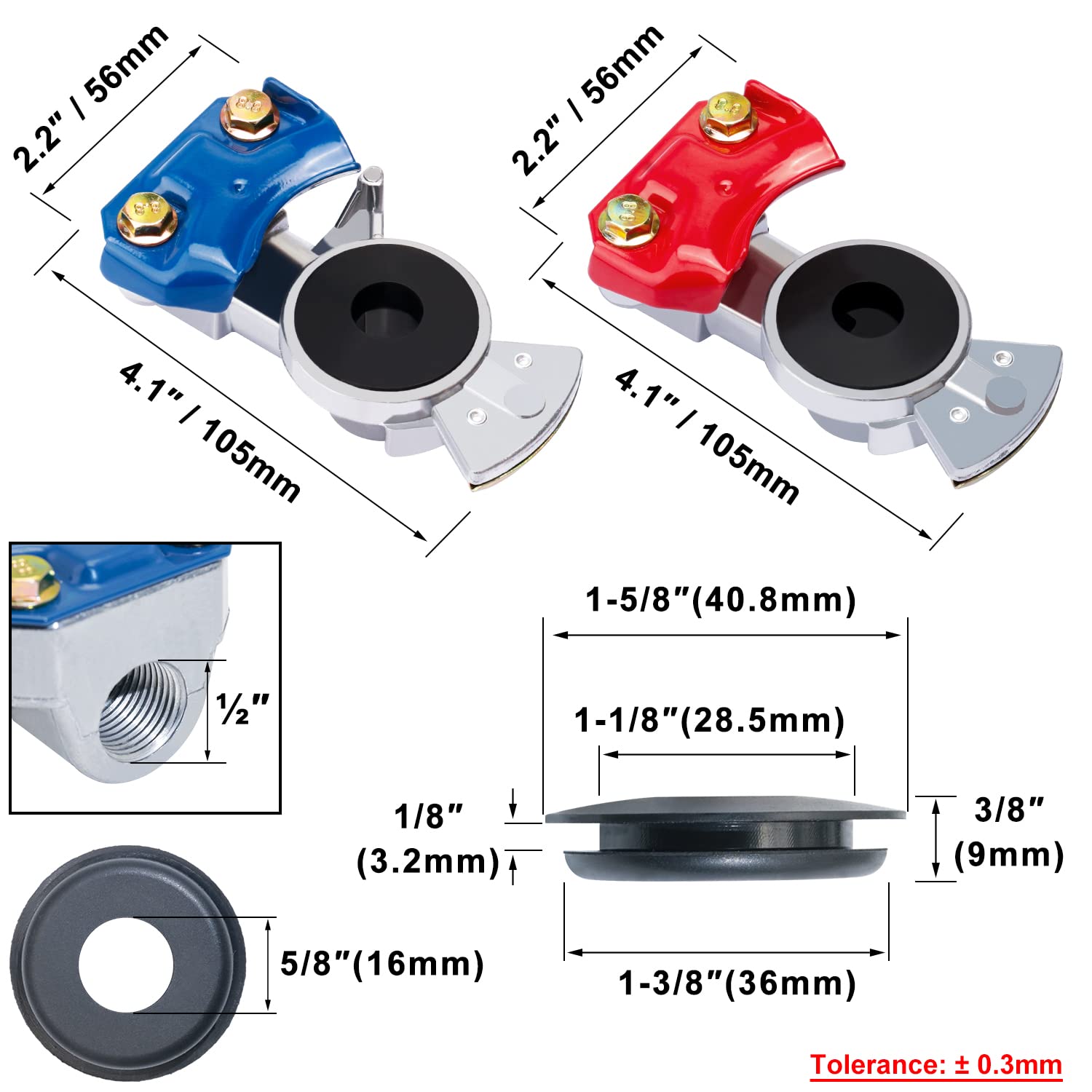 CheeMuii Glad Hands Set - 20 Pcs Universal Aluminum Brake Coupling Seals, 1/2 Inch, 6 Red & 6 Blue for Truck, RVs, Semi Tra