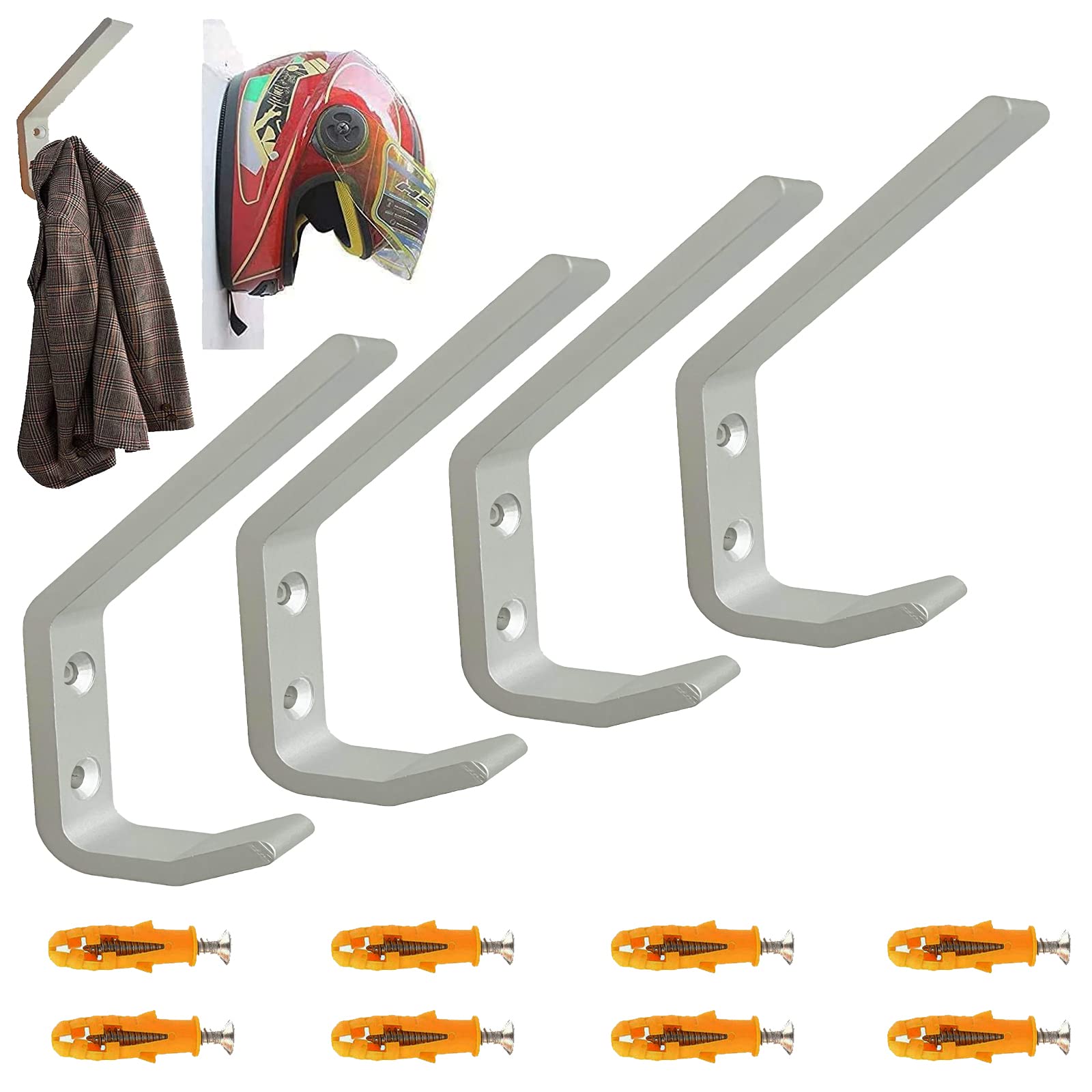 4 Pack Sturdy Aluminium Motorcycle Helmet Holder,Motorbike Jacket Display Rack,Backpack Bags Wall Mount Hanger,Cloth Coat Glove 