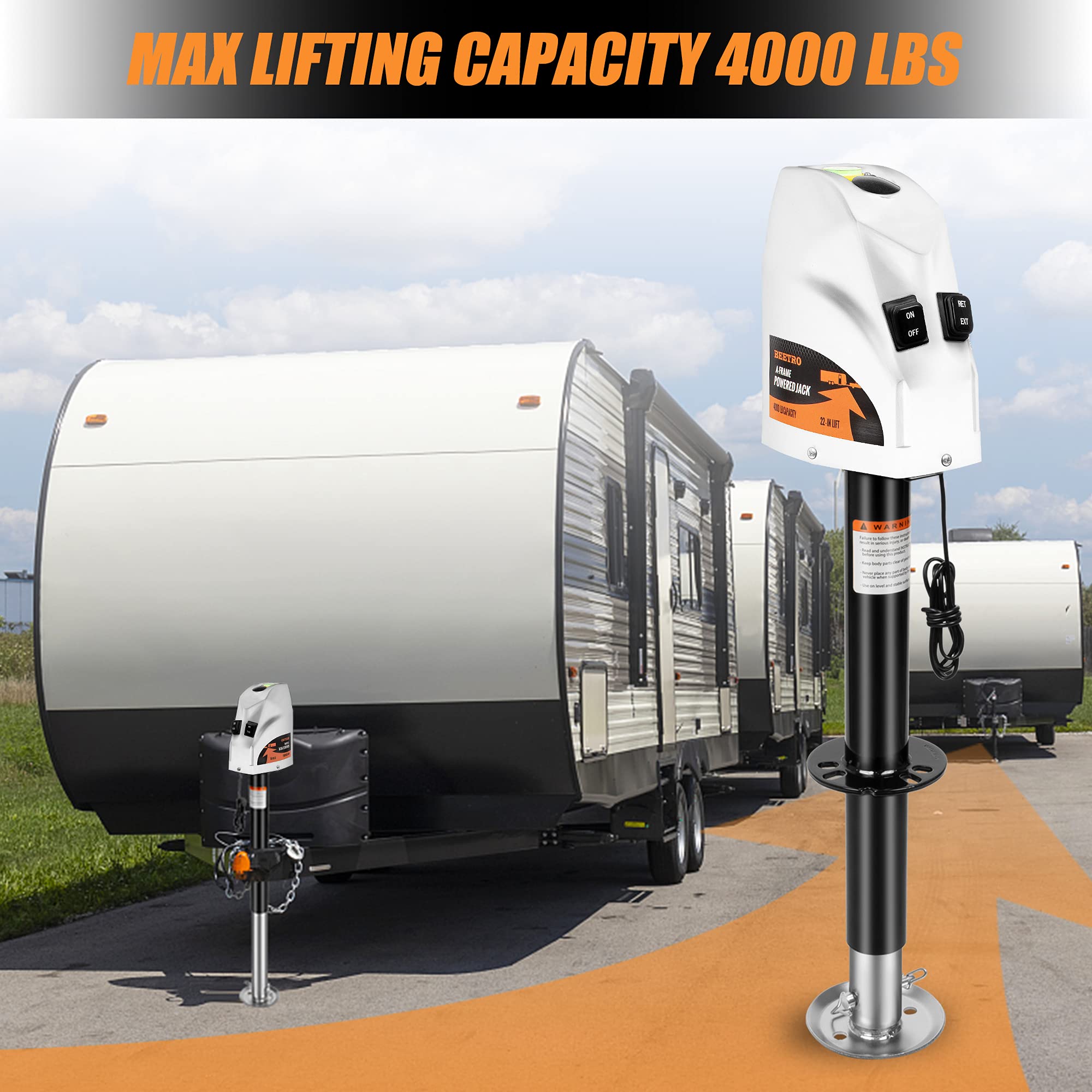 BEETRO 4000 lbs Electric Trailer Jack, Heavy Duty 12V DC, 22" Lift, Alloy Steel, White, Model BE0101W