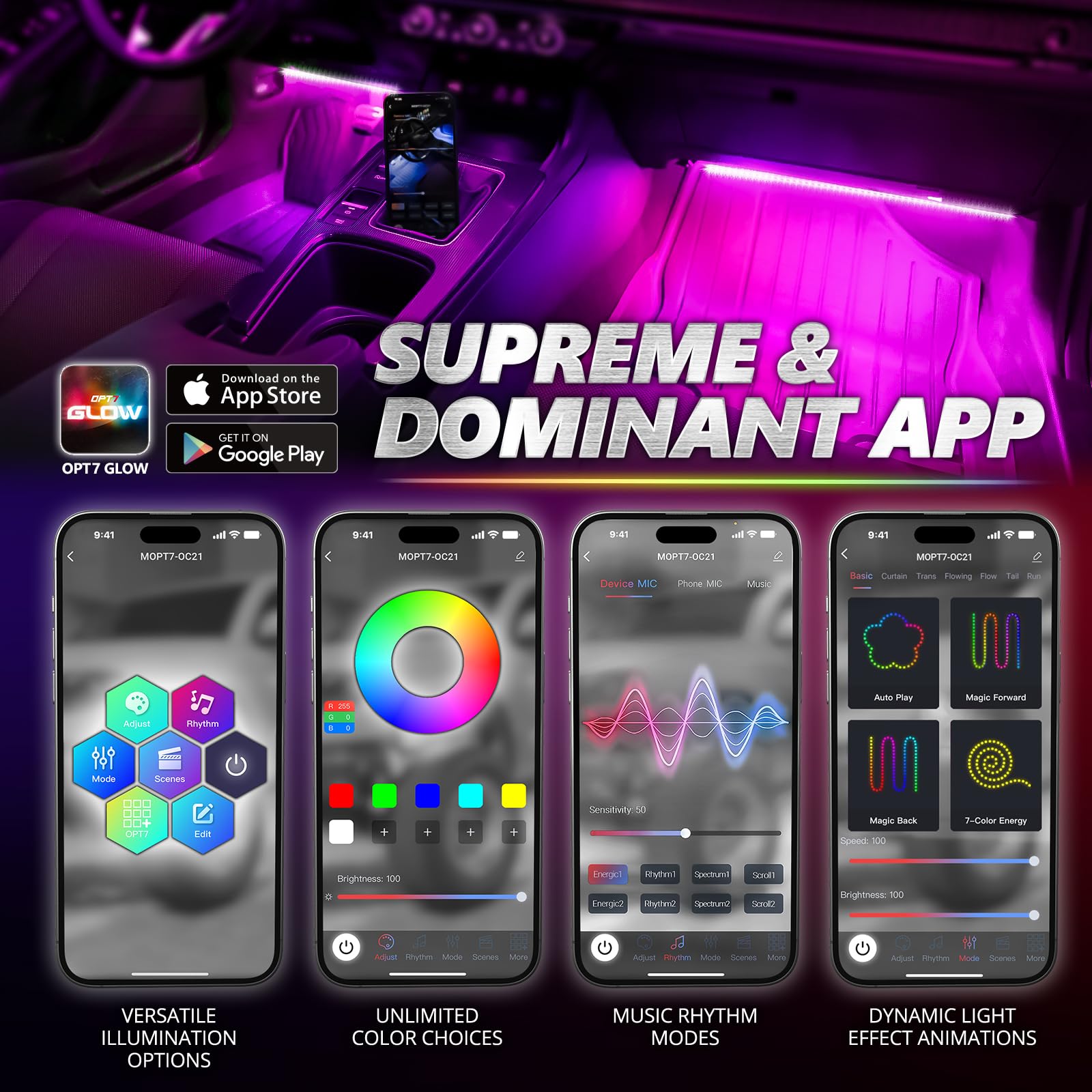 Opt7 Aura Pro 6Pc Double Led Interior Strip Lights With App & Remote Control, Multicolor Mode, Sound Active Inside Ambient Light