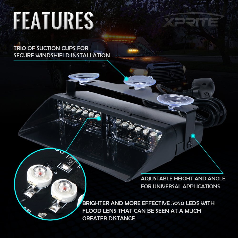Xprite Red LED Strobe Lights for Vehicles, Model YL125-R-1, Interior Dash & Windshield Warning Light with Suction Cups