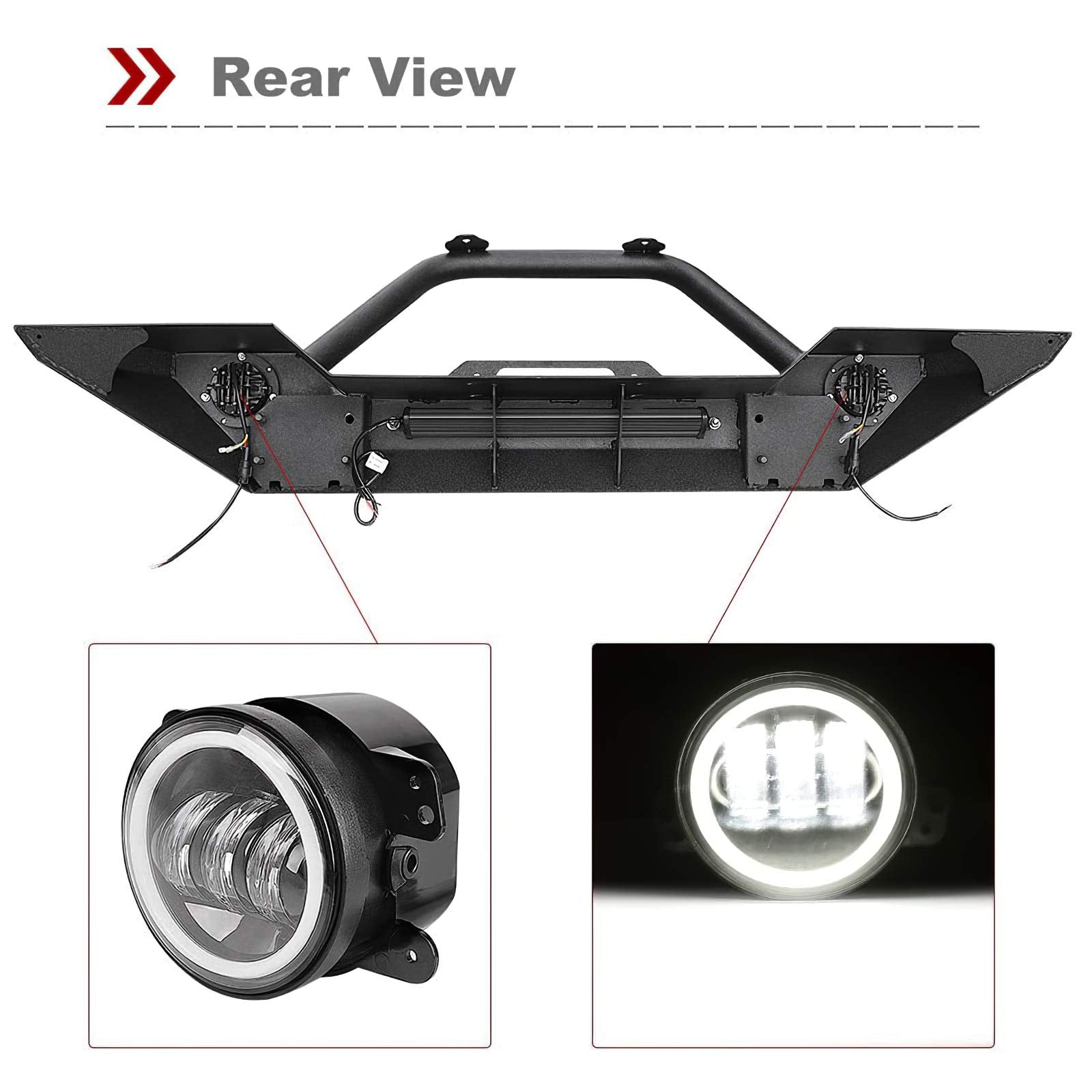 Ledkingdomus Front& Rear Bumper Compatible With 07-18 Jeep Wrangler Jk& Unlimited, Built-In 90W Led Light Bar W/ 2 60W Fog Light