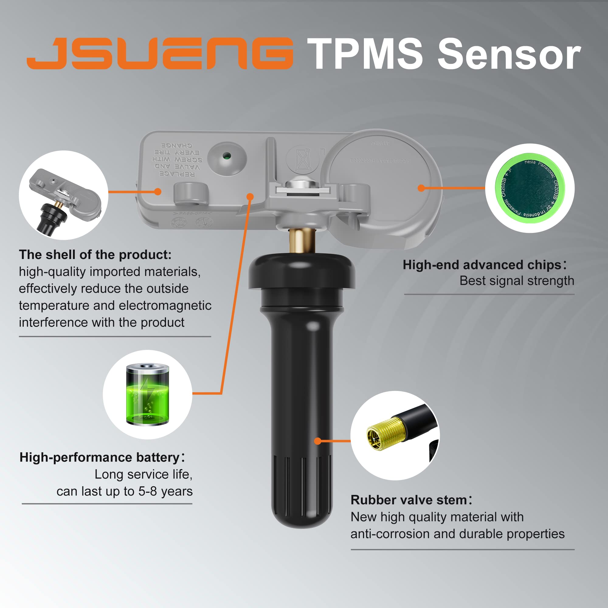 Jsueng TPMS Sensor 4-Pack for Buick Cadillac Chevy GMC - OE#13581558, Stainless Steel, Model 13581558