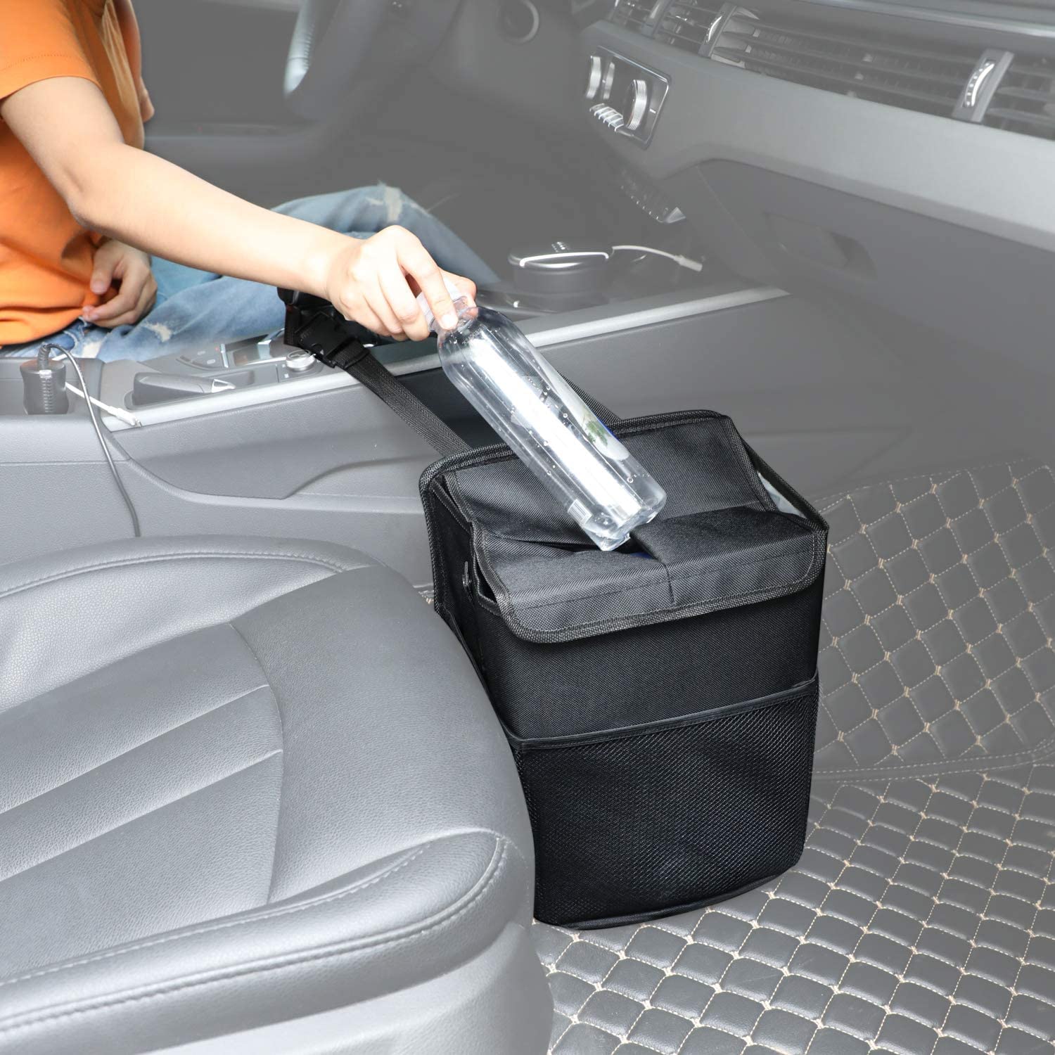 Powertiger Car Accessories Hanging Car Trash Can Bin - Car Garbage Cans Bag With Lid & 3 Mesh Storage Pockets 2.64 Gallon
