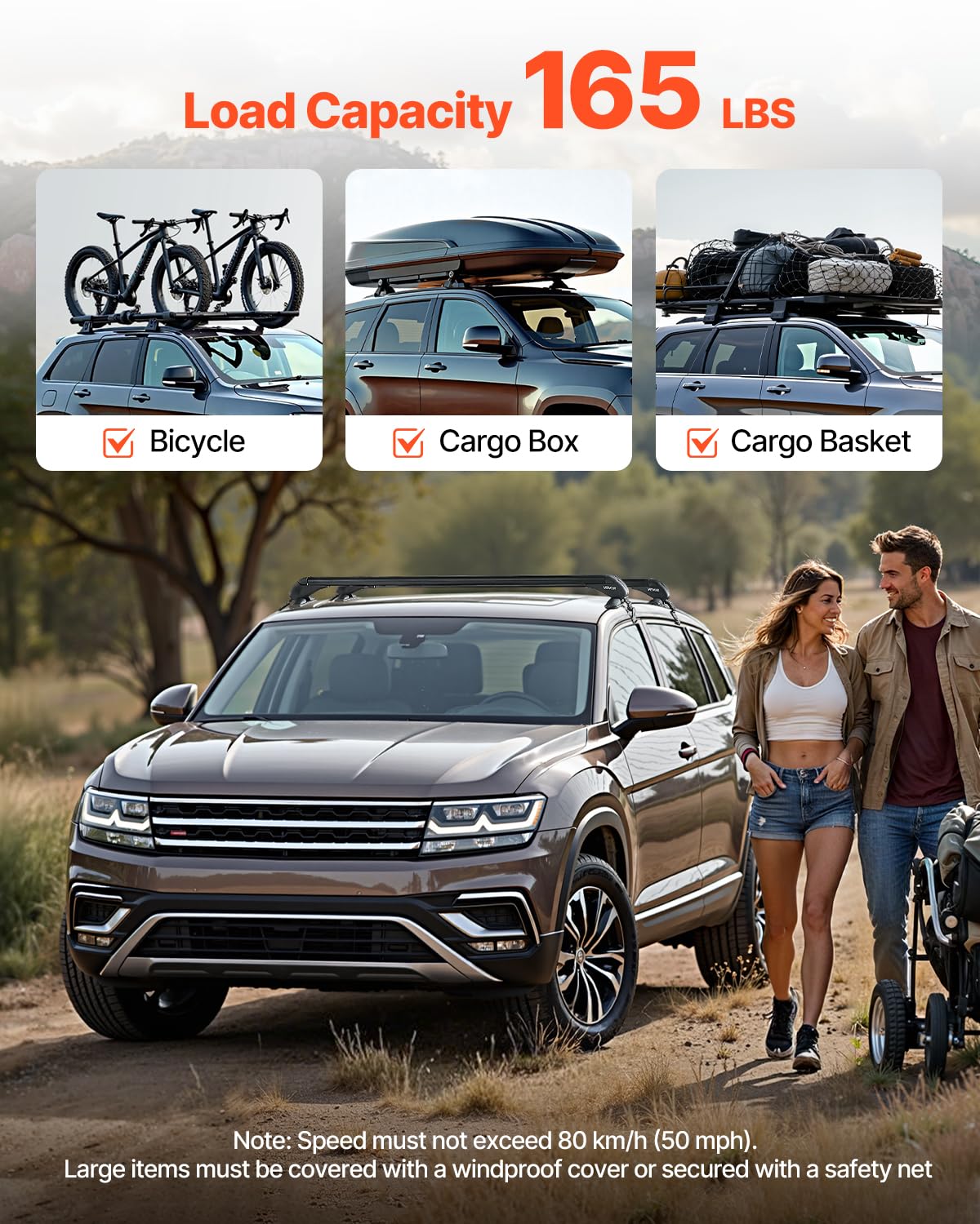 VEVOR Roof Rack Cross Bars, Universal Fit for Naked Roofs Without Raised Rails/Flush Rail/Black Moldings, 165 LBS Capacity, Lock