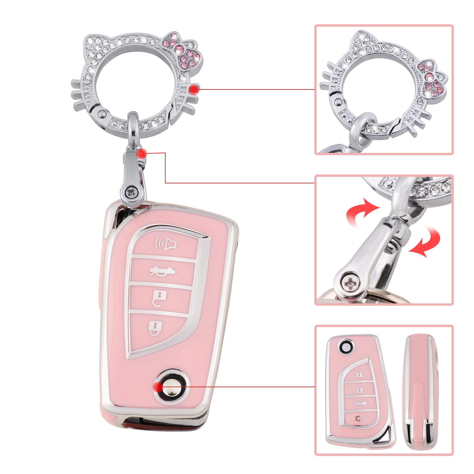 Pangpai Pink Key Fob Cover for Toyota, Soft TPU Key Case Protection with Bling Keychain Fit for Toyota Fortuner Tundra Camry RAV