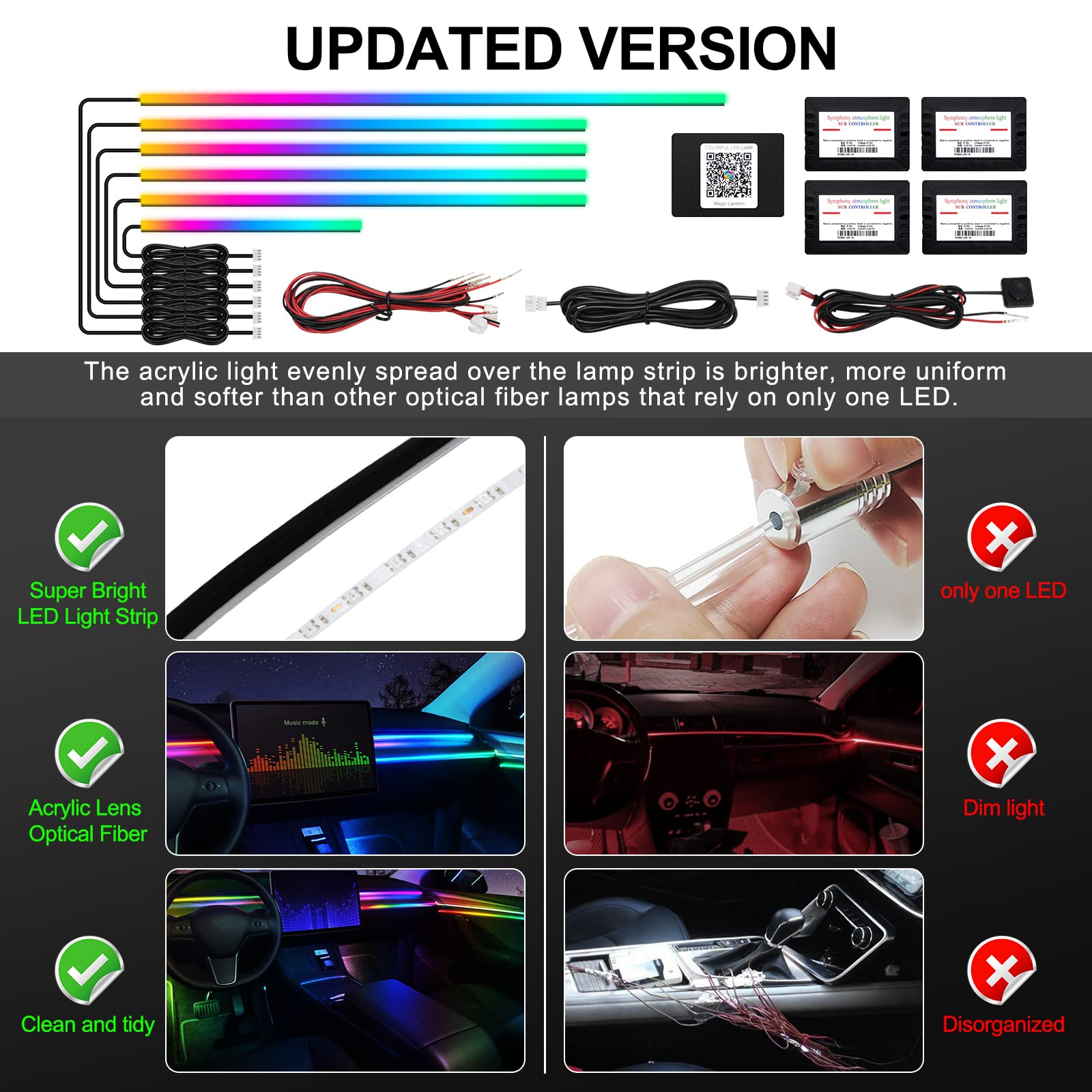 MAODANER Acrylic LED Strip Light - RGB Dreamcolor 6 in 1, 175in, 593 LEDs, Sound Active Car Neon Ambient Lighting