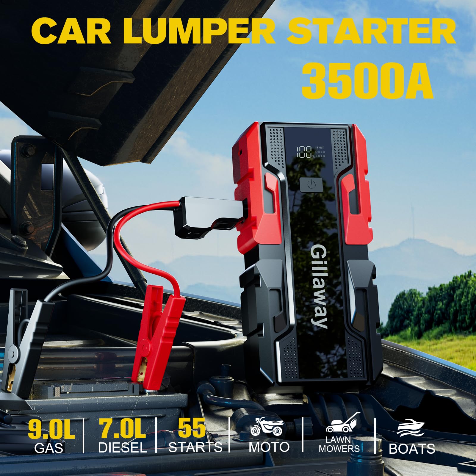 Gillaway 001B Car Jump Starter, 3500A Car Jump Starter Battery Pack (Up To 9.0L Gas And 7.0L Diesel Engine), 12V Car Battery Cha