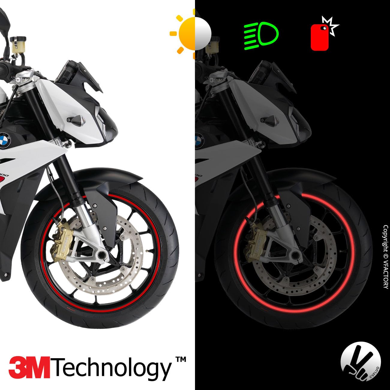 VFLUO - Motorcycle Reflective Wheel Stripes kit, 1 Wheel Rim Stickers Pack, 3M Technology - High lateral Visibility, Discreet an