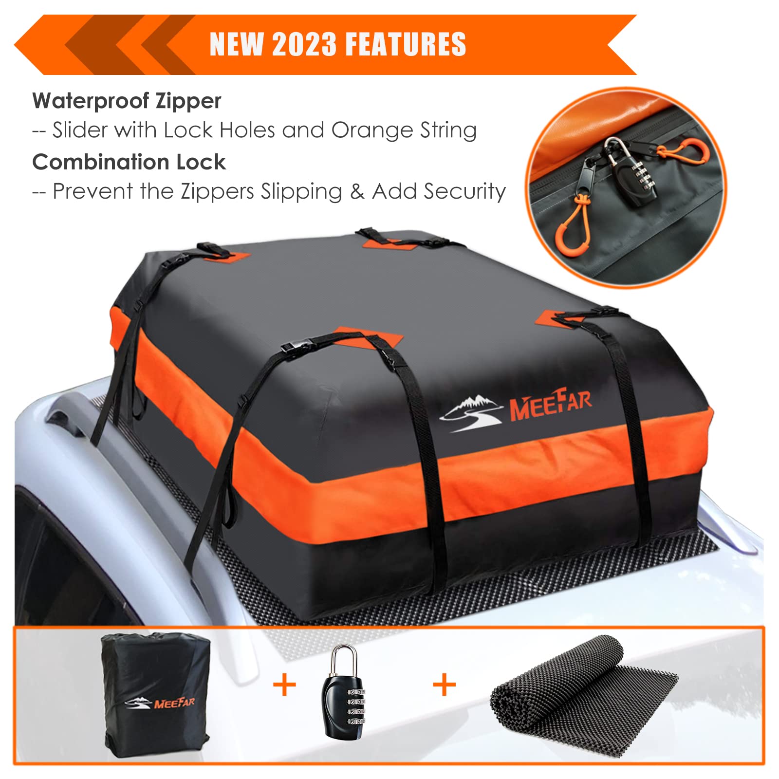 MeeFar Car Roof Bag - Waterproof Cargo Carrier, 15 Cubic Feet, Includes Anti-Slip Mat, 8 Straps, 6 Door Hooks, Luggage Lock