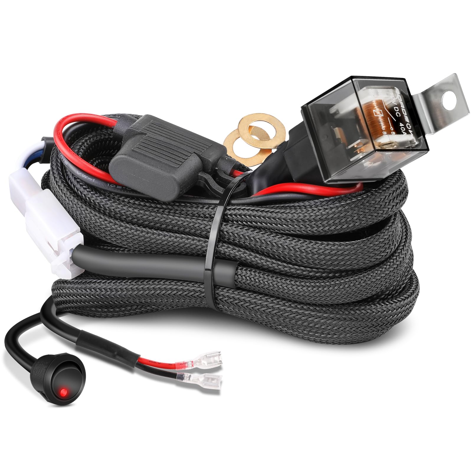 Wiring Harness Kit 10AWG 1 Lead, Nirider 12V Heavy Duty Rocker Switch Relay Fuse Nylon Wiring Harness for LED Light Bars Fog Lig