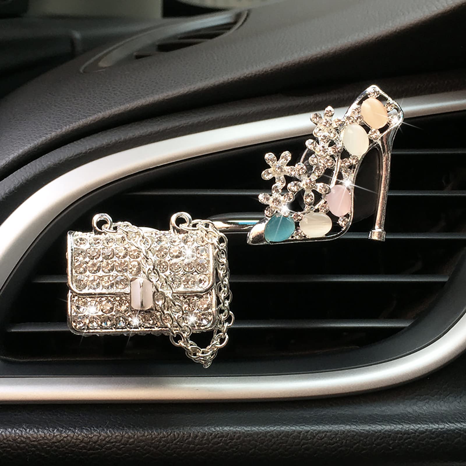 2 Pieces Crystal High Heel Shoe And Bag Air Vent Clips Rhinestone Car Air Freshener Clip Bling Pearl Car Clip Gift Decorations C