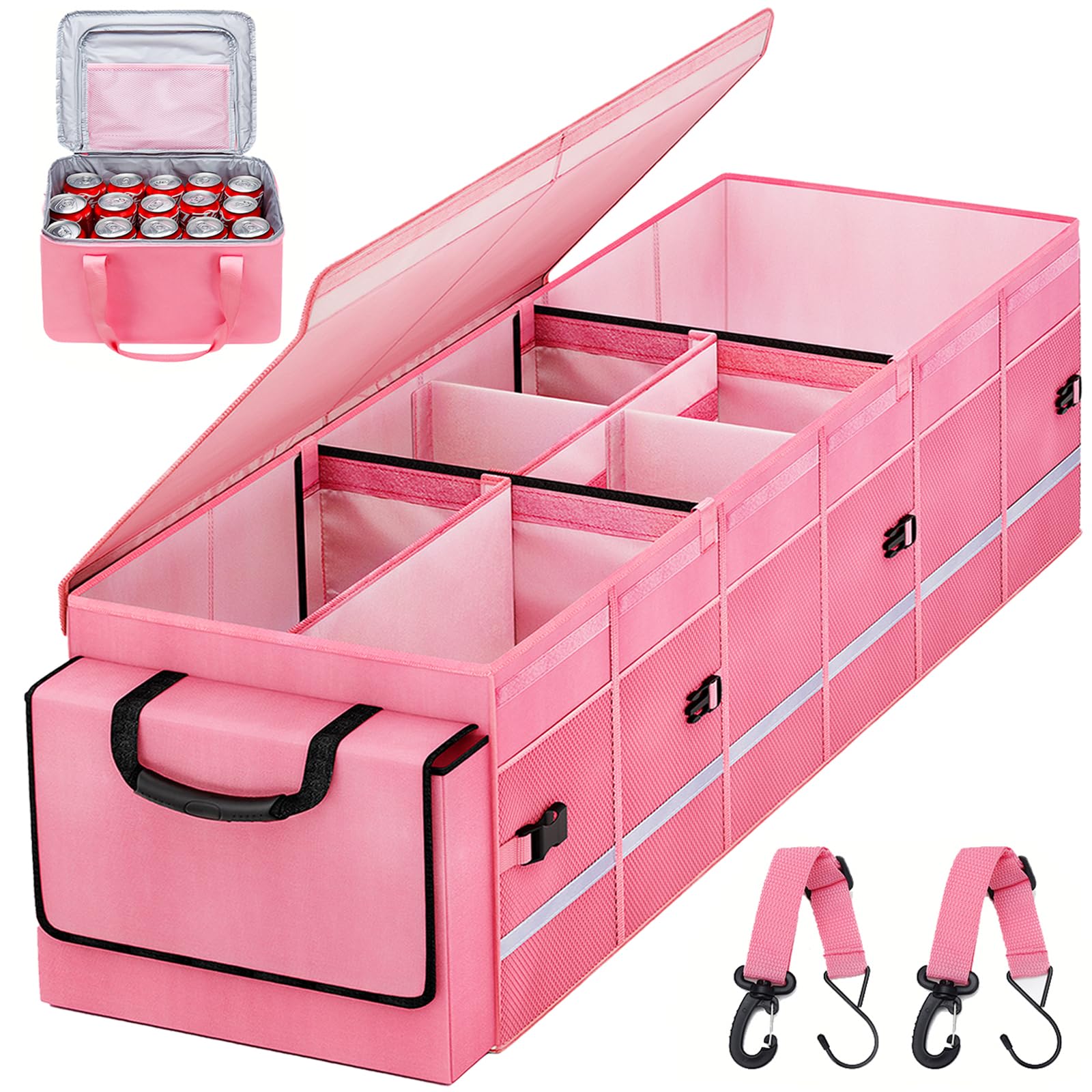 Car Trunk Organizer and Storage with Lid & Removable Leakproof Cooler Bag, Customized Space Pink Car Interior Accessories for Wo