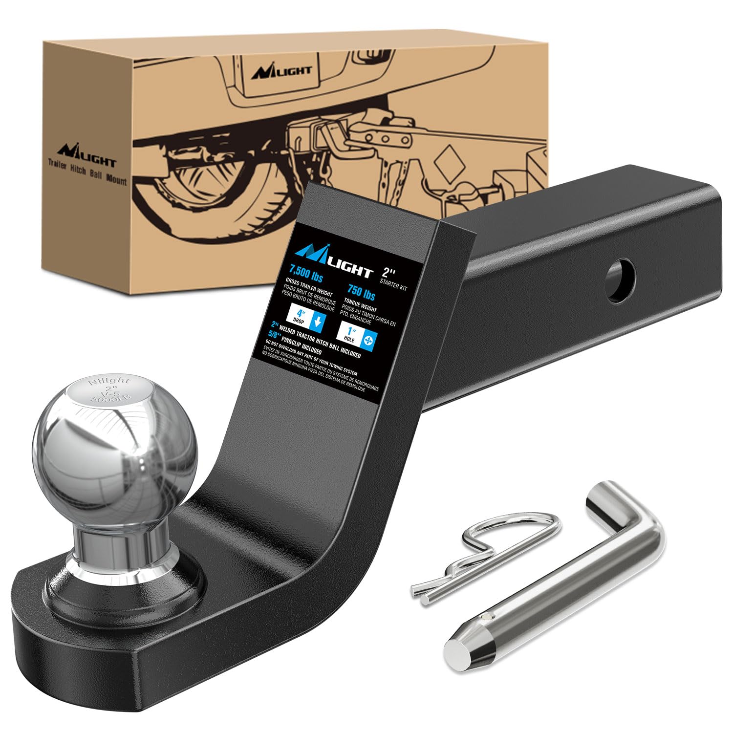 Nilight Fusion Trailer Hitch Mount With 2 Inch Trailer Ball & 5/8'' Hitch Pin Clip Fits 2-Inch Receiver 7500 Lbs 4'' Drop