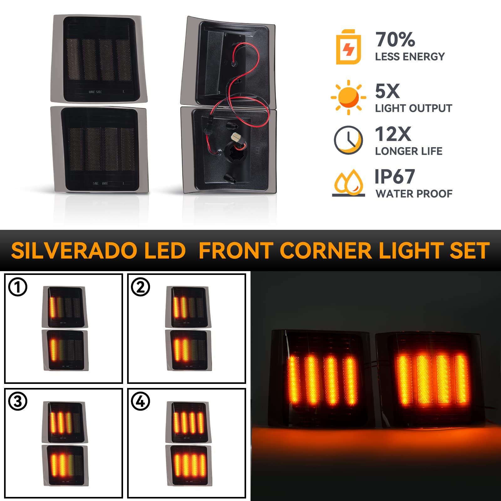 Popmotorz 4 Pack Led Front Corner Light Side Marker Signal Lamps Assembly Kit For Chevy C/K Series 1500 2500 3500 Chevy Tahoe/Chevy Suburban/Chevrolet Silverado 1994-1998 Pickup Truck Smoked Len