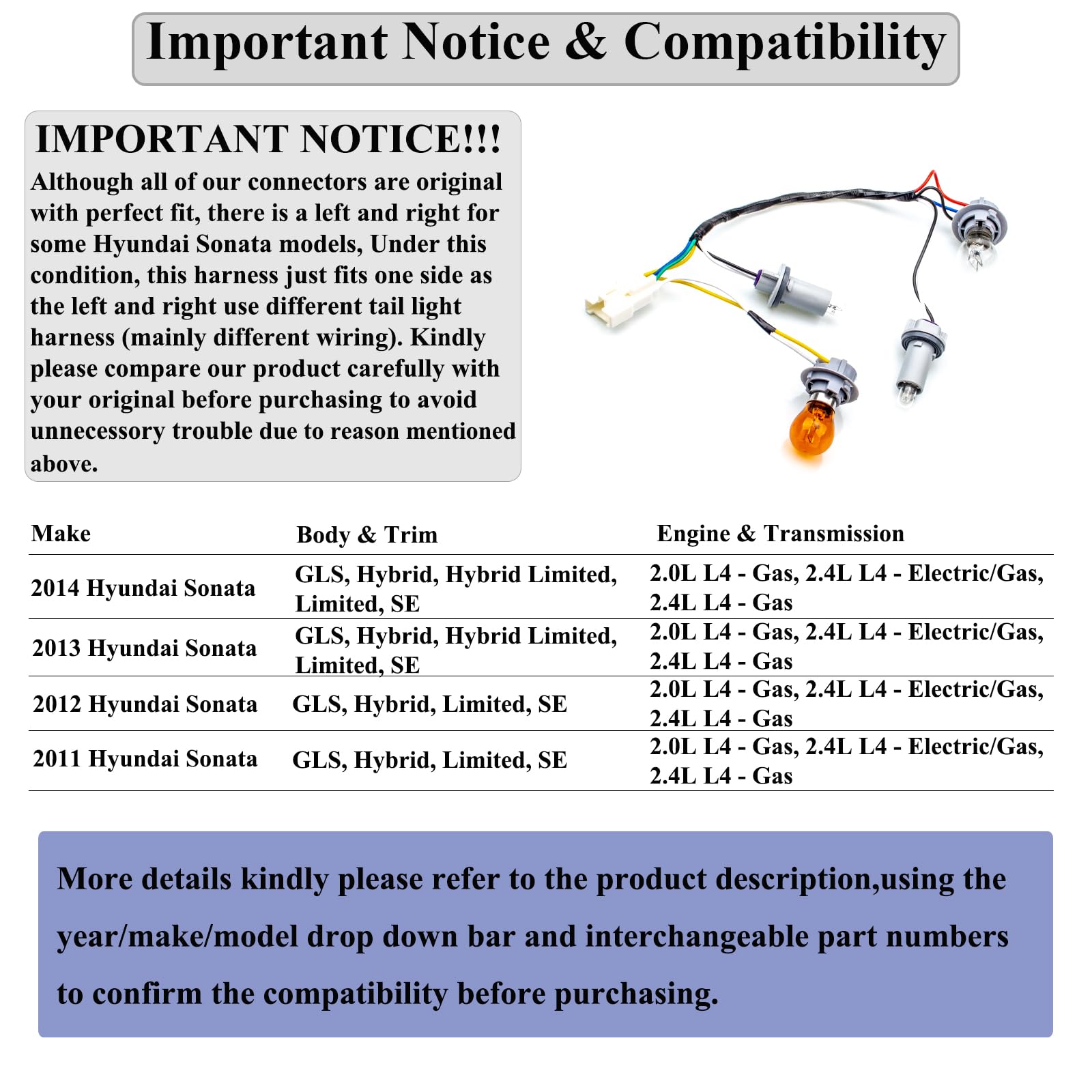 Hoput 92450-3Q000 92450 3Q000 Tail Lamp Holder And Wiring With 8 Halogen Bulbs, Compatible With Hyundai Sonata 2011 2012 2013 20