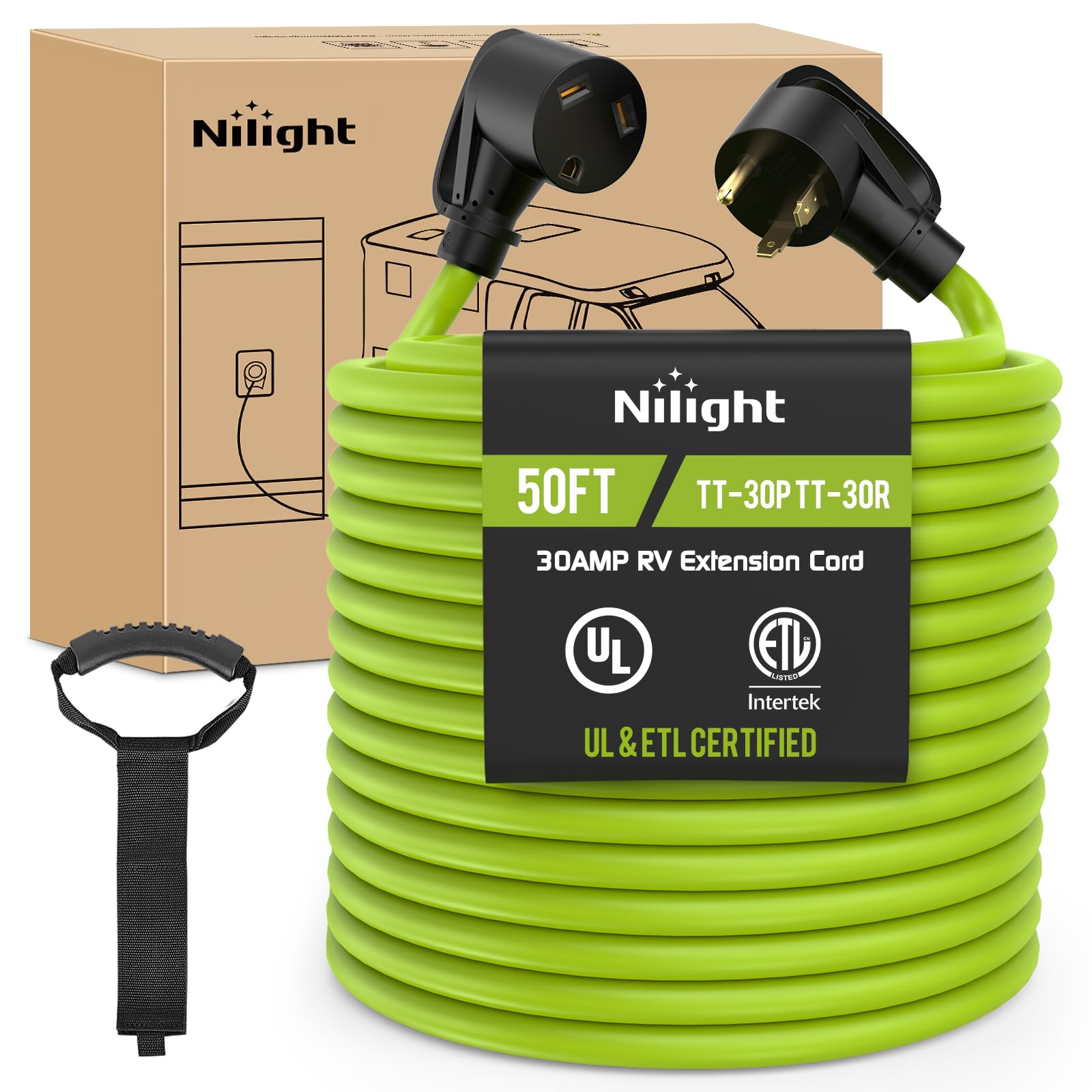 Nilight 50Ft 30 Amp Rv Extension Cord 125V Heavy Duty 10/3 Gauge Pure Copper Stw Wire Ul Etl Listed 3 Prong Tt-30P Tt-30R Weathe