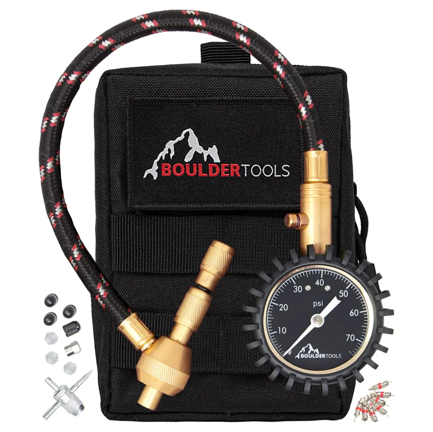 Boulder Tools Heavy Duty Rapid Tire Deflator & Molle Pouch - Precision Release Button Air Down Offroad Kit - Glows In Dark, Bonus: Valve Caps, Cores, Repair Tool | Quickly Deflate 4X4 Off Road Tires
