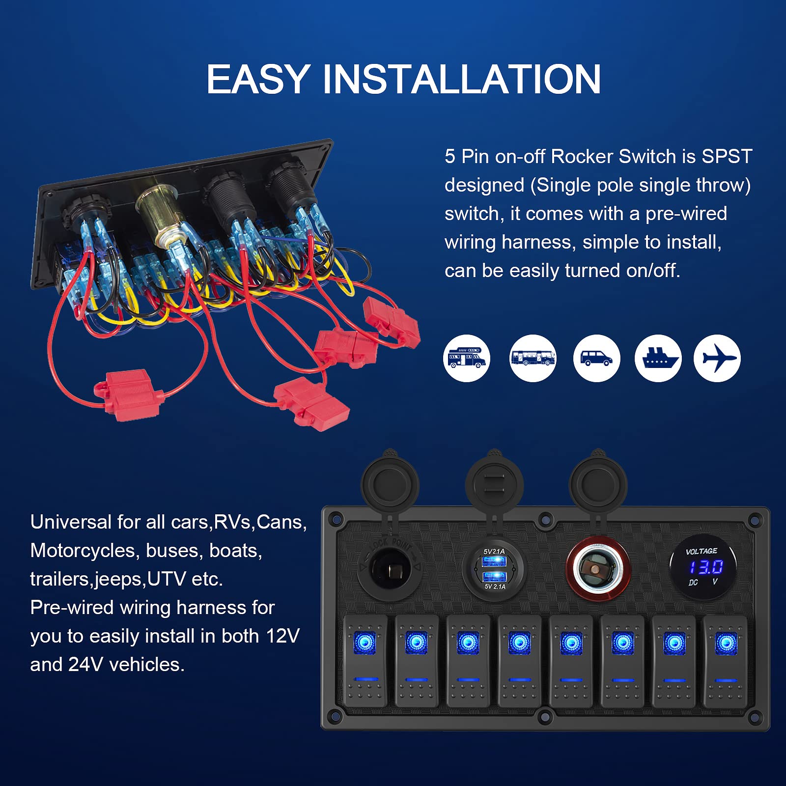 Marine Switch Panel,8 Gang Waterproof Rocker Switch Panel,Multi Function Dual USB Slot Socket with Digital Voltmeter,12-24V Pre-