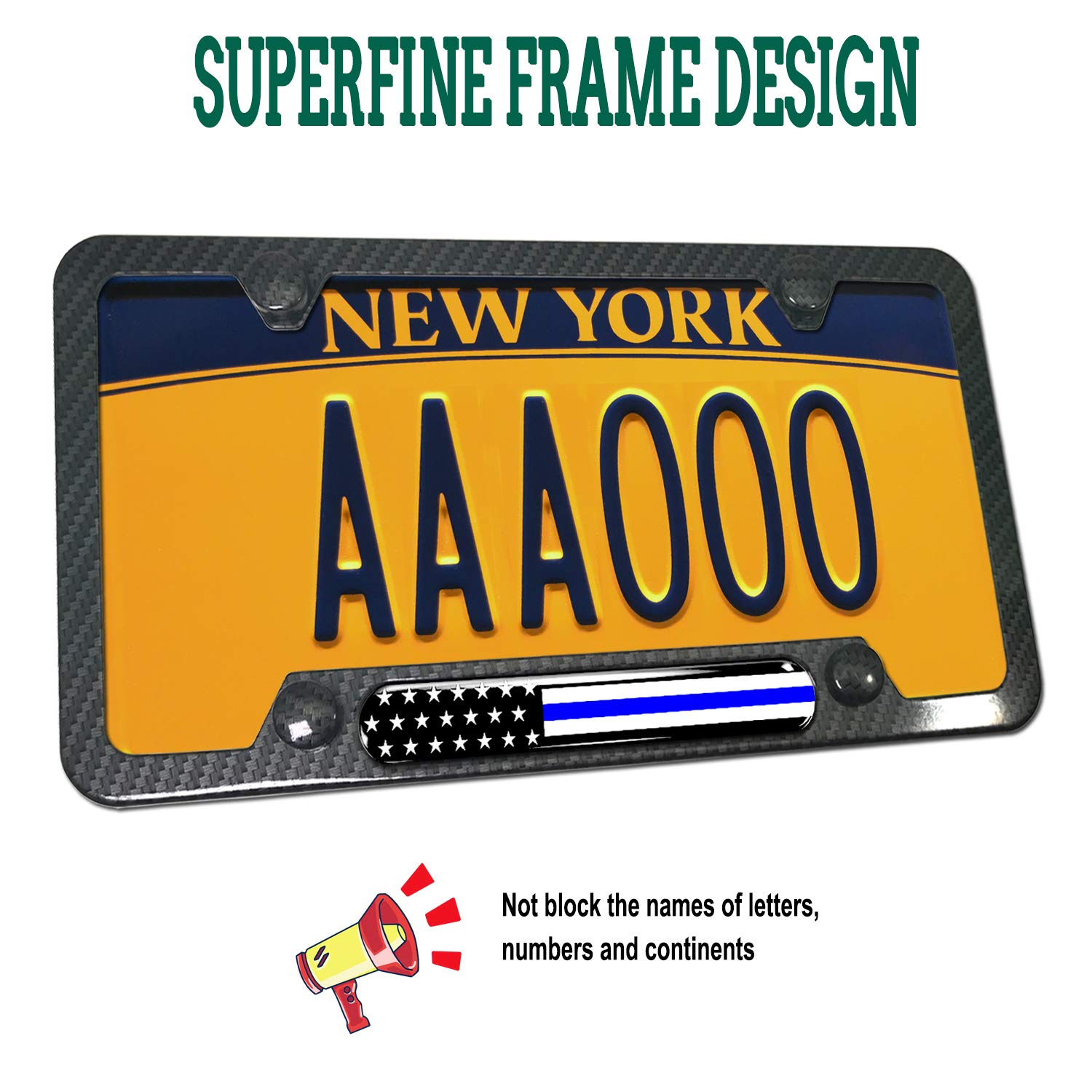 Fbjtdq Police Thin Blue Line License Plate Frame- Patriotic Carbon Fiber Car Tag Holder, American Flag Black Aluminum Bracket Wi
