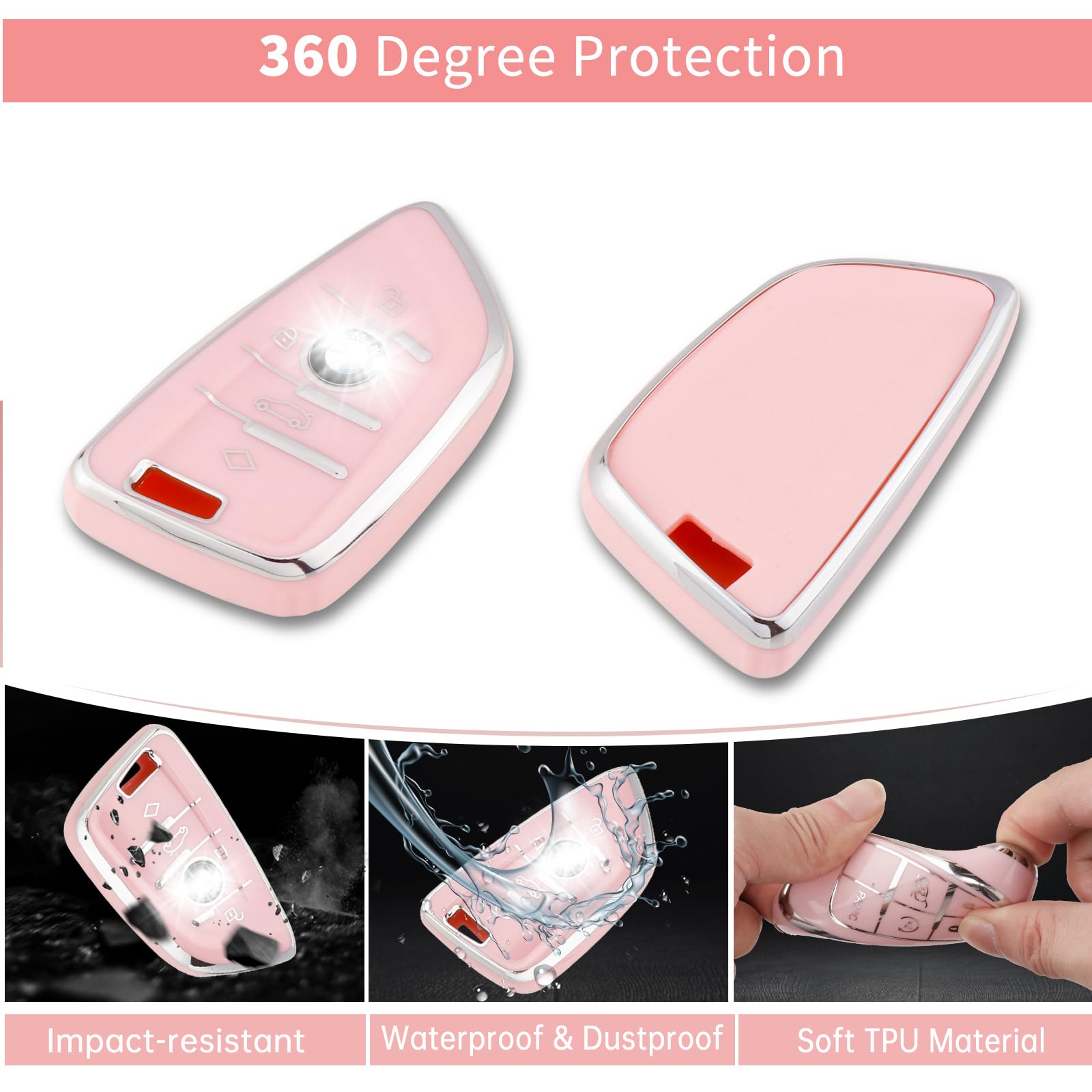 Pangpai Pink Car Accessories 3 Pcs For Bmw Key Fob Cover With Bling Keychain Cute Push To Start Button Cover