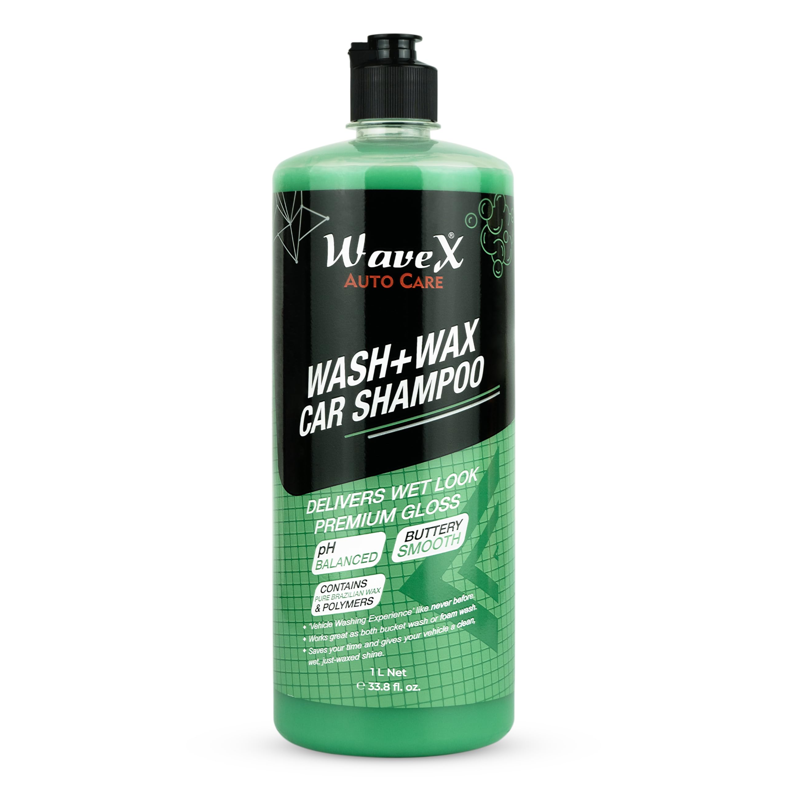 Wavex Car Shampoo Wash And Wax 1L Ph Neutral Gives Wet Look Shine, Buttery Smooth Feel - Leaves No Water Spots
