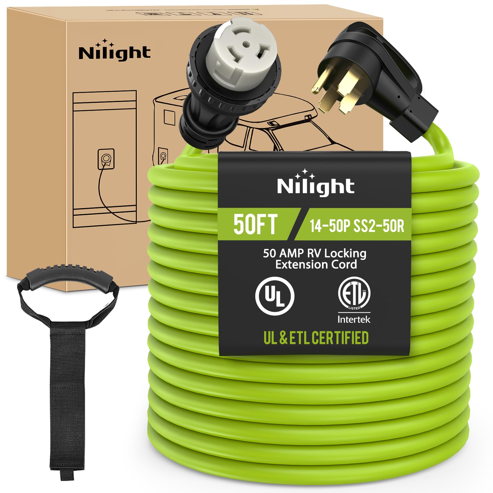 Nilight 50Ft 50 Amp Rv Locking Extension Cord 250V Heavy Duty 6/3+8/1 Gauge Pure Copper Stw Wire Ul Etl Listed 4 Prong 14-50P Ss