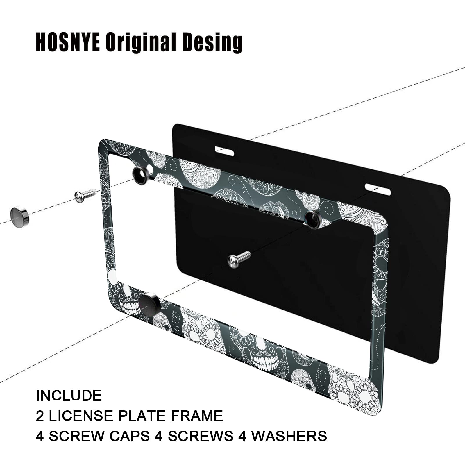 Hosnye Black And White Sugar Skull License Plate Frame Black 2 Pcs Day Of The Dead Cartoon Indian Style Metal Cute Licenses Plates Frames Licenses Plate Covers Car Tag Frame For Women Men Us Vehicles
