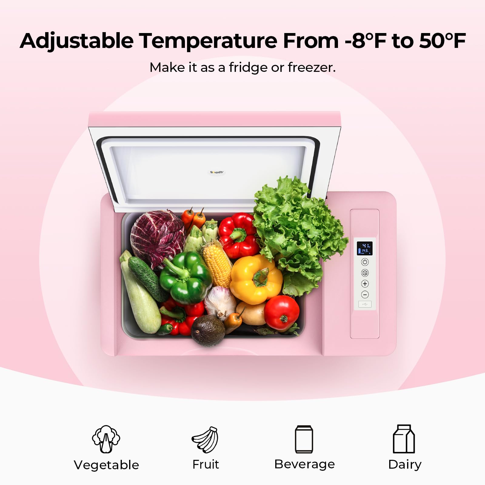 BougeRV Portable Refrigerator 23 Quart - 12 Volt Fridge & Freezer, Pink, Model CR02203, -7℉ to 50℉ for Truck, Van, RV,
