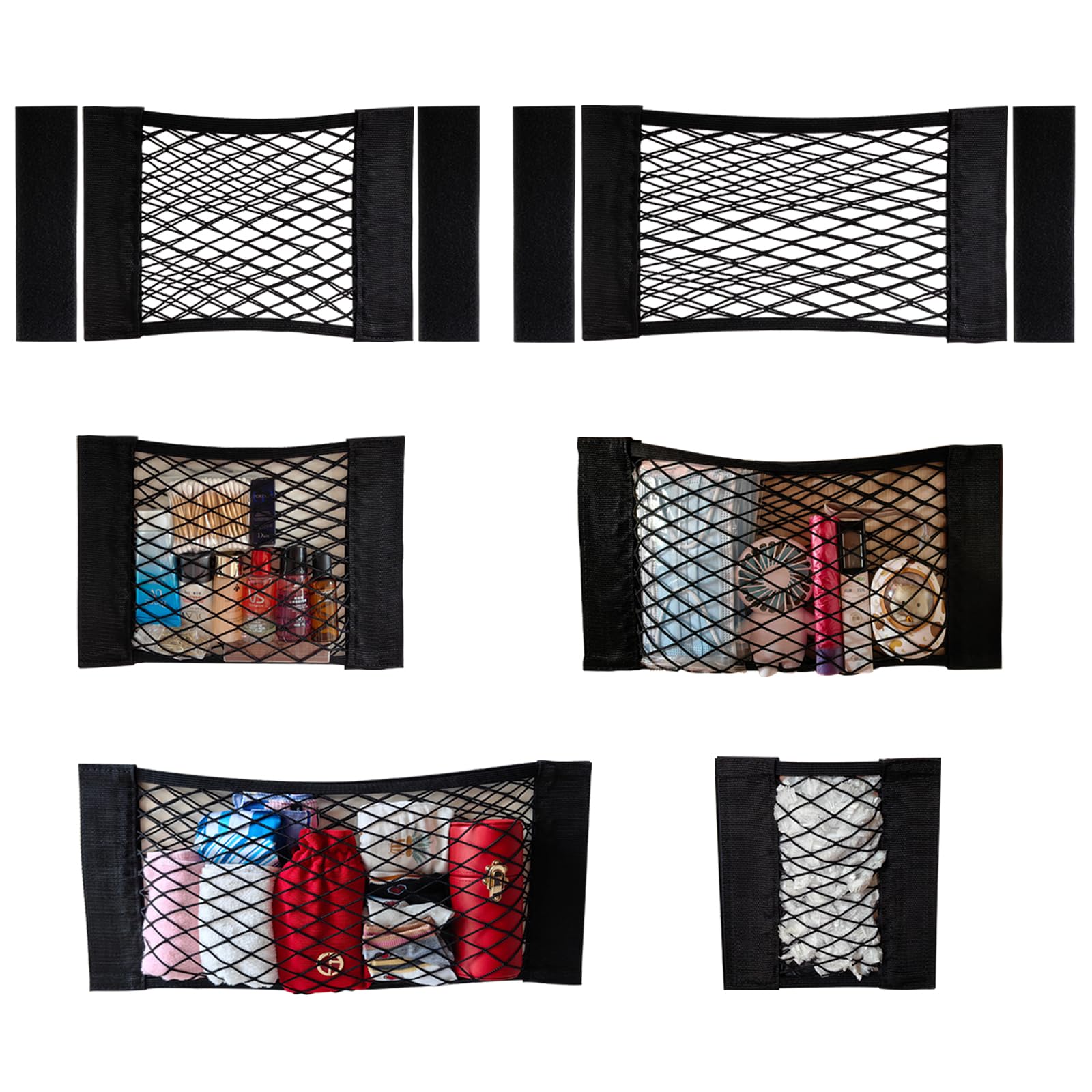 Xiwumoer 6Pack Mesh Cargo Net Car Storage Net Wall Sticker Organizer Pouch Bag Elastic Mesh Net With Tape Stickers For Trunk Sto