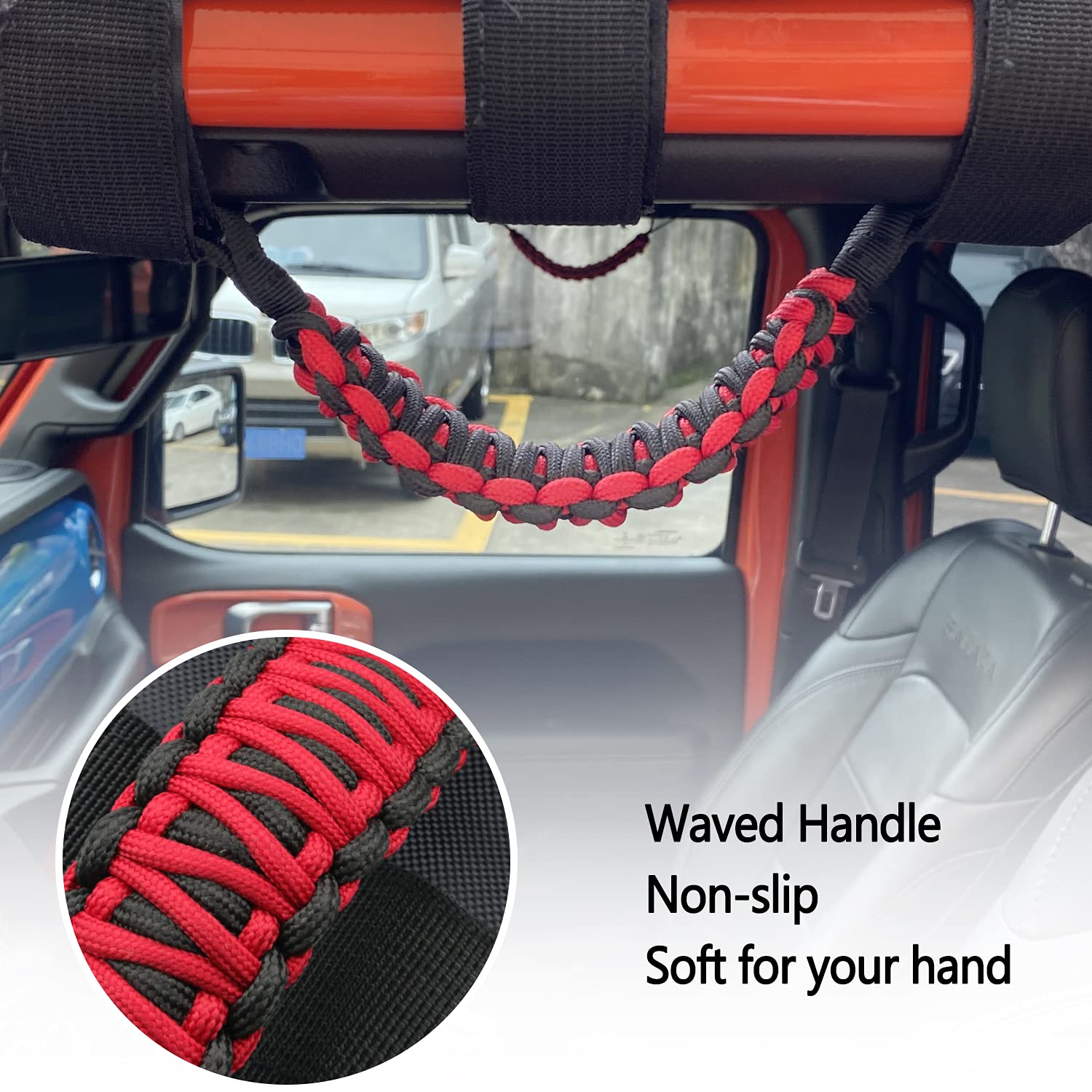 For Jeep Wrangler Accessories Roll Bar Grab Grip Handle Trim For Compatible With Jeep Wrangler Yj Tj Jk Jku Jl Jlu 1955-2023 Gladiator Jt Utv & Atv Door Assist Woven Holder (Red, 2Pcs)