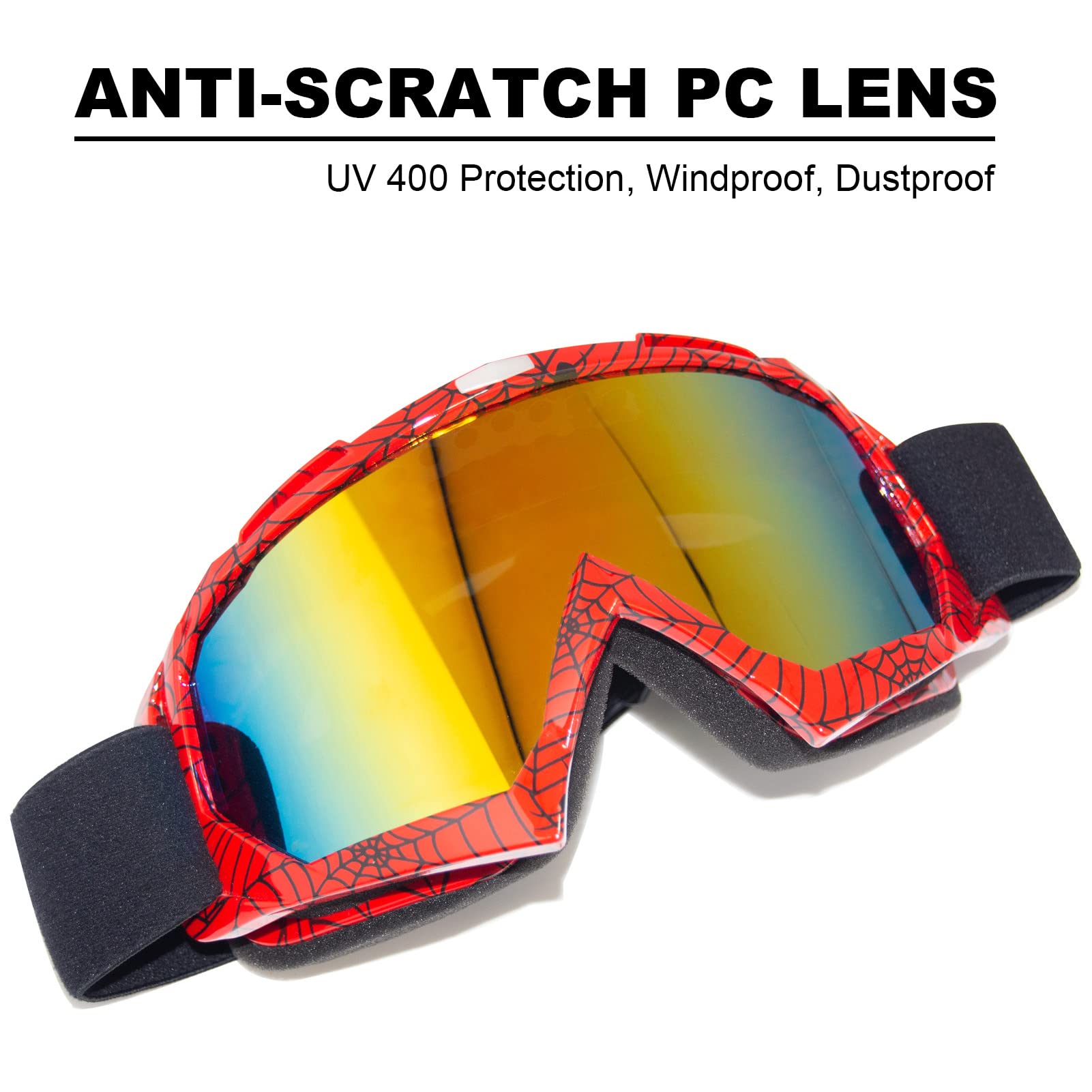 CoPvner ATV Goggles - UV 400 Motocross Goggle for Adults & Kids, Spider Red Frame, Polycarbonate, Model MotoGoggle10