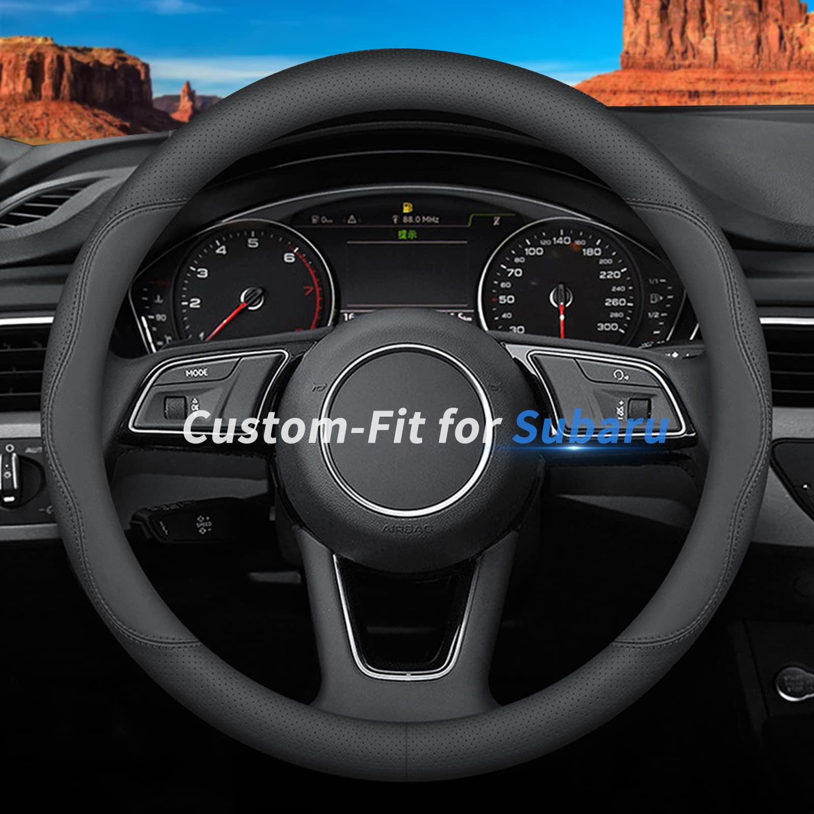 Deer Route For Subaru Steering Wheel Cover, Premium Leather Car Steering Wheel Cover With Logo, Non-Slip, Breathable, For Subaru