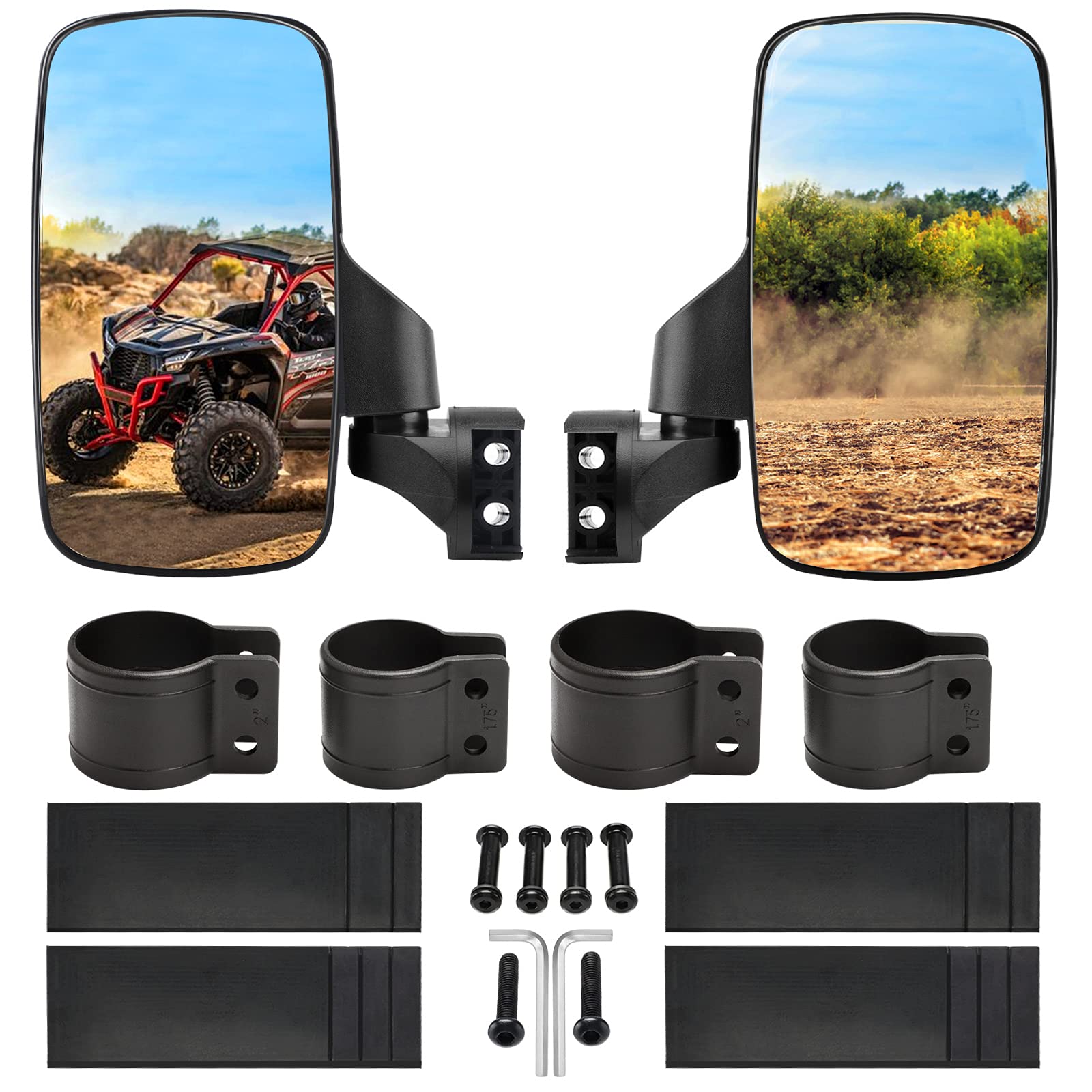 BETOOLL UTV Side View Mirrors Set - Adjustable 1.75"/2" Roll Bar, High Impact ABS, Black, Model HW8039, Pack of 2