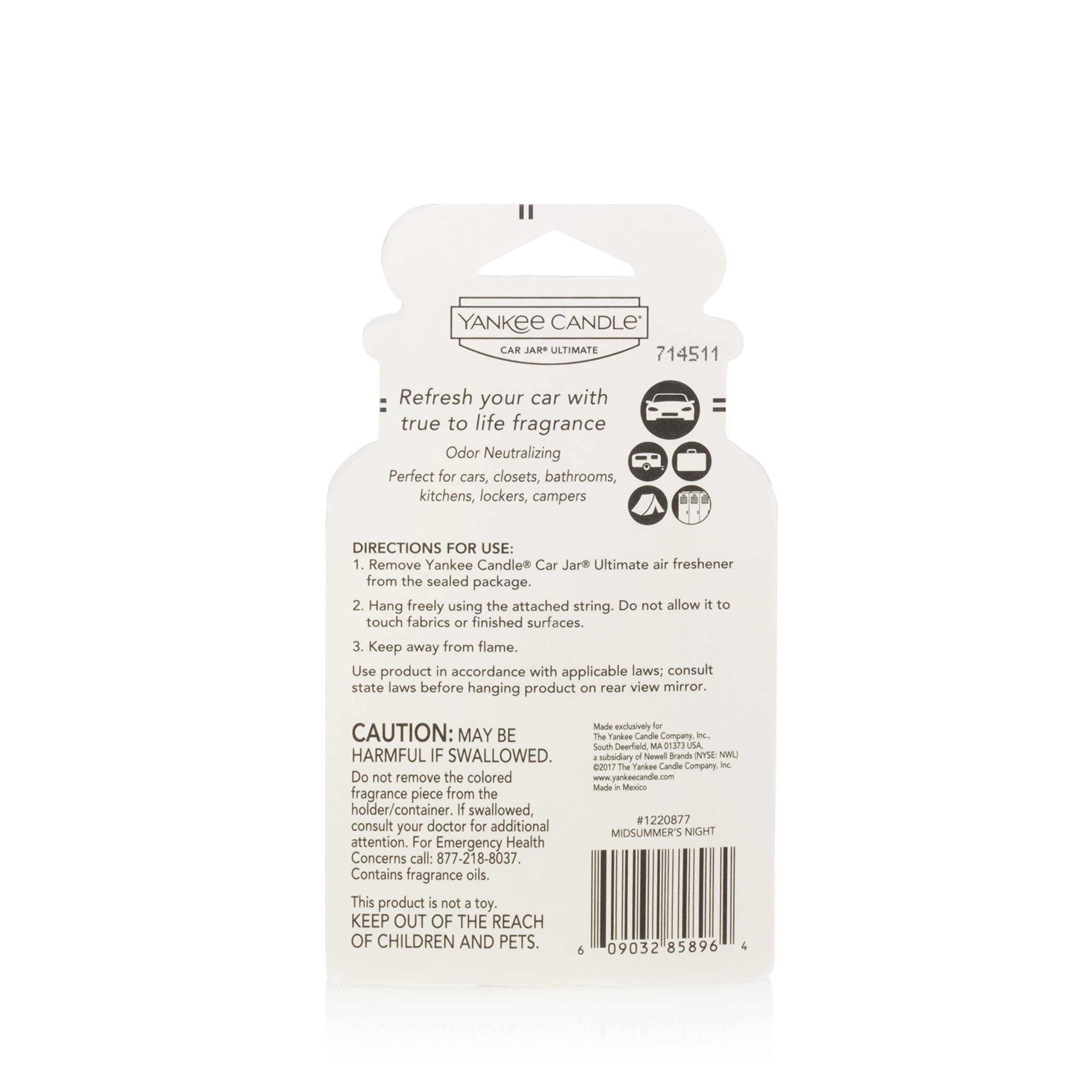 Yankee Candle Car Air Freshener, Hanging Jar, MidSummer's Night Scent, 1 Count, Black, Model 1220877, Odor Neutralizer