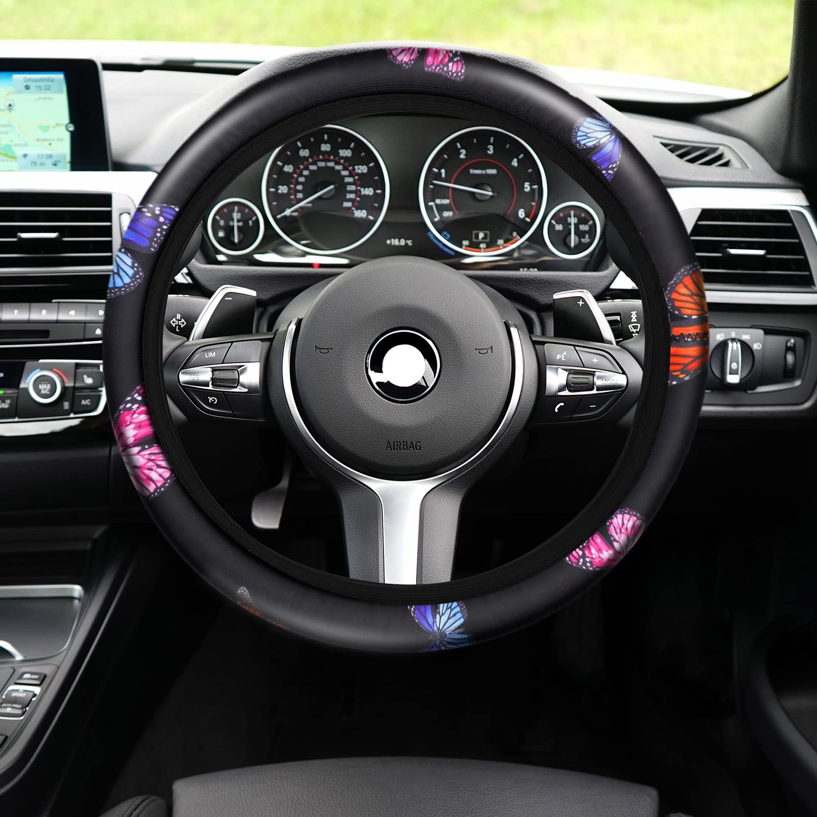 15 Pcs Butterfly Car Seat Covers Full Set for Car Front Rear Seat Covers Steering Wheel Cover Wrist Strap Coasters Armrest and S