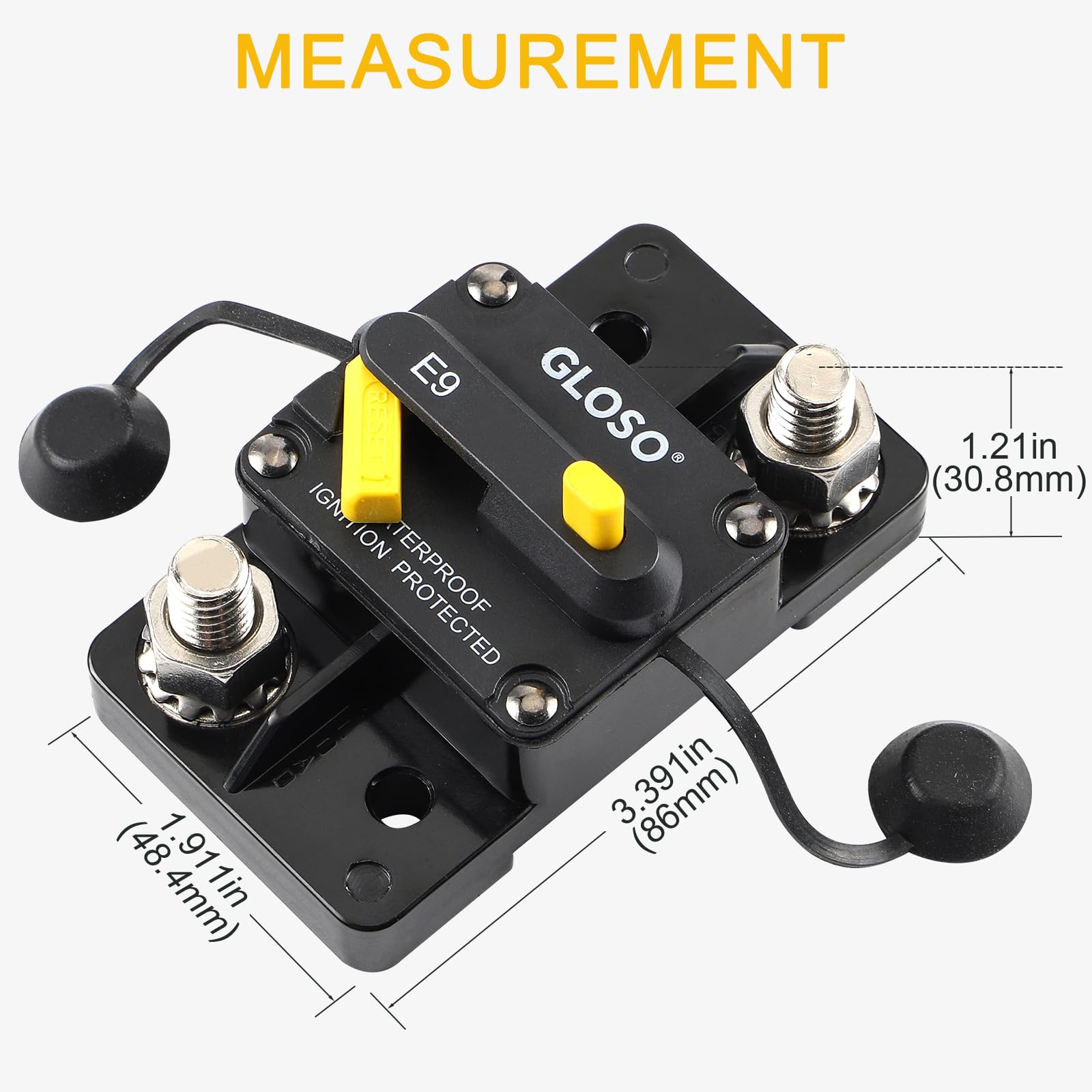 Gloso Circuit Breaker E93 Waterproof Ip67 Marine Auto Truck Hi-Amp, Extended Surface Mount (3/8' Stud) (25A)