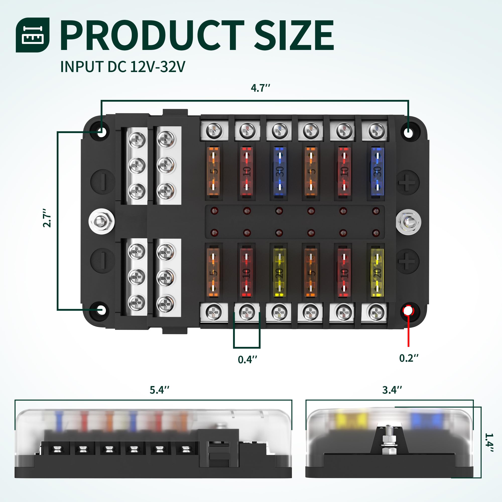 DAIERTEK 12 Way Fuse Block, 12 Volt Blade Fuse Box with LED Indicator, Waterproof Cover, Model FB-1714 for Automotive, Boat, RV