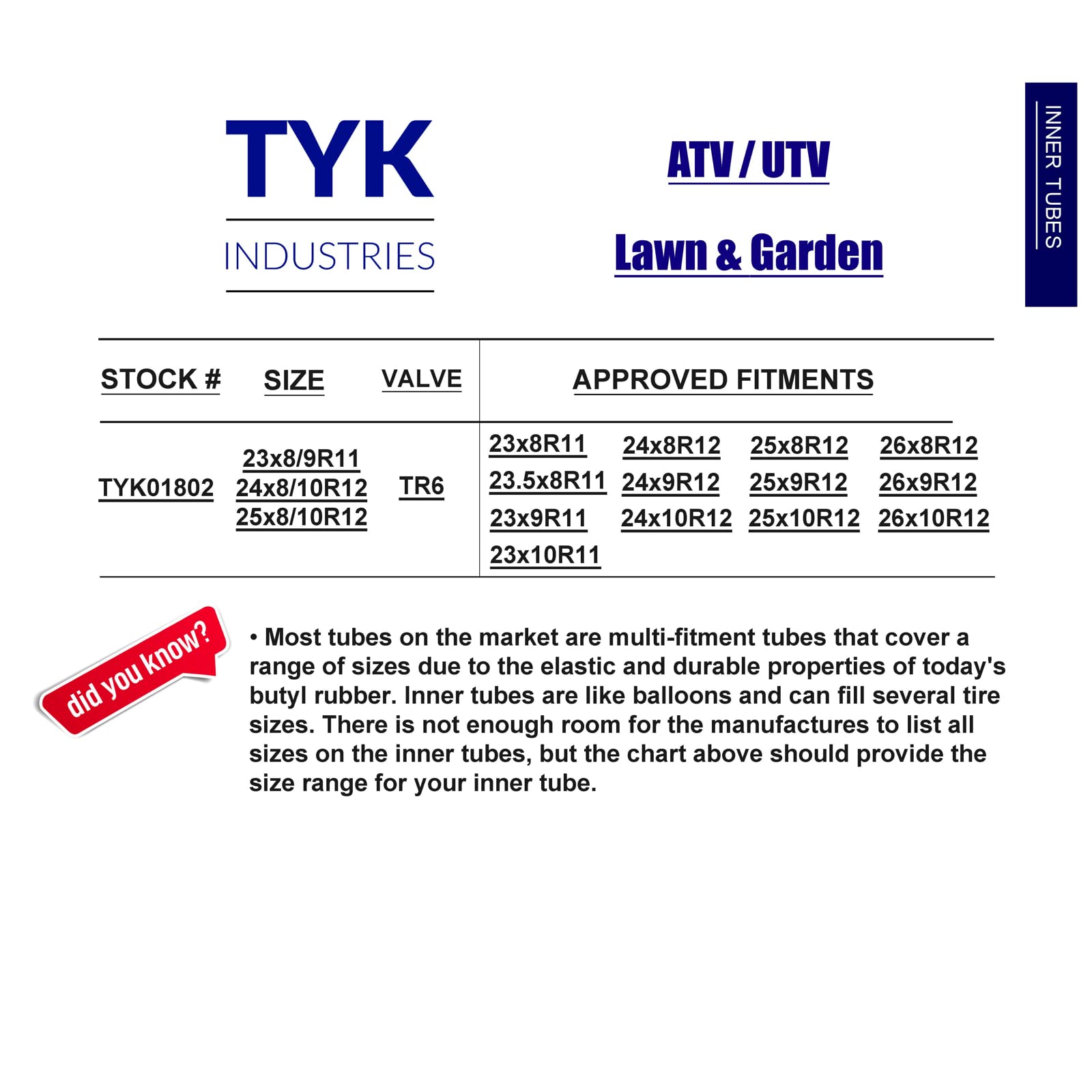 TYK Industries ATV Tire Tubes 25x8-12, Durable Synthetic Rubber Inner Tubes with TR6 Metal Valve Stems, Black, 2-Pack