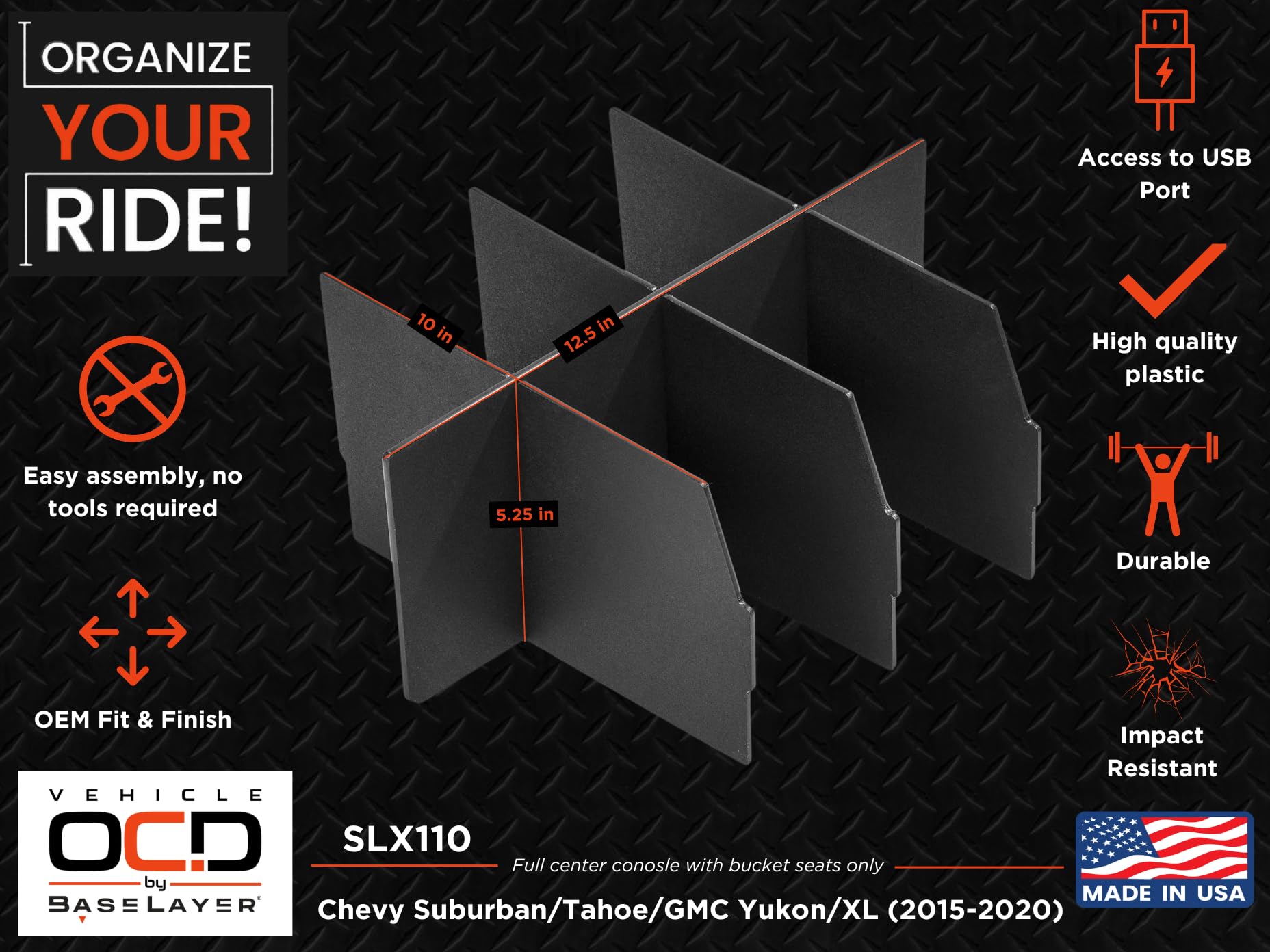 Vehicle Ocd - Center Console Organizer For Chevy Suburban/Tahoe/Gmc Yukon/Xl (Full Console W/Bucket Seats Only)(2015-2020) - Mad