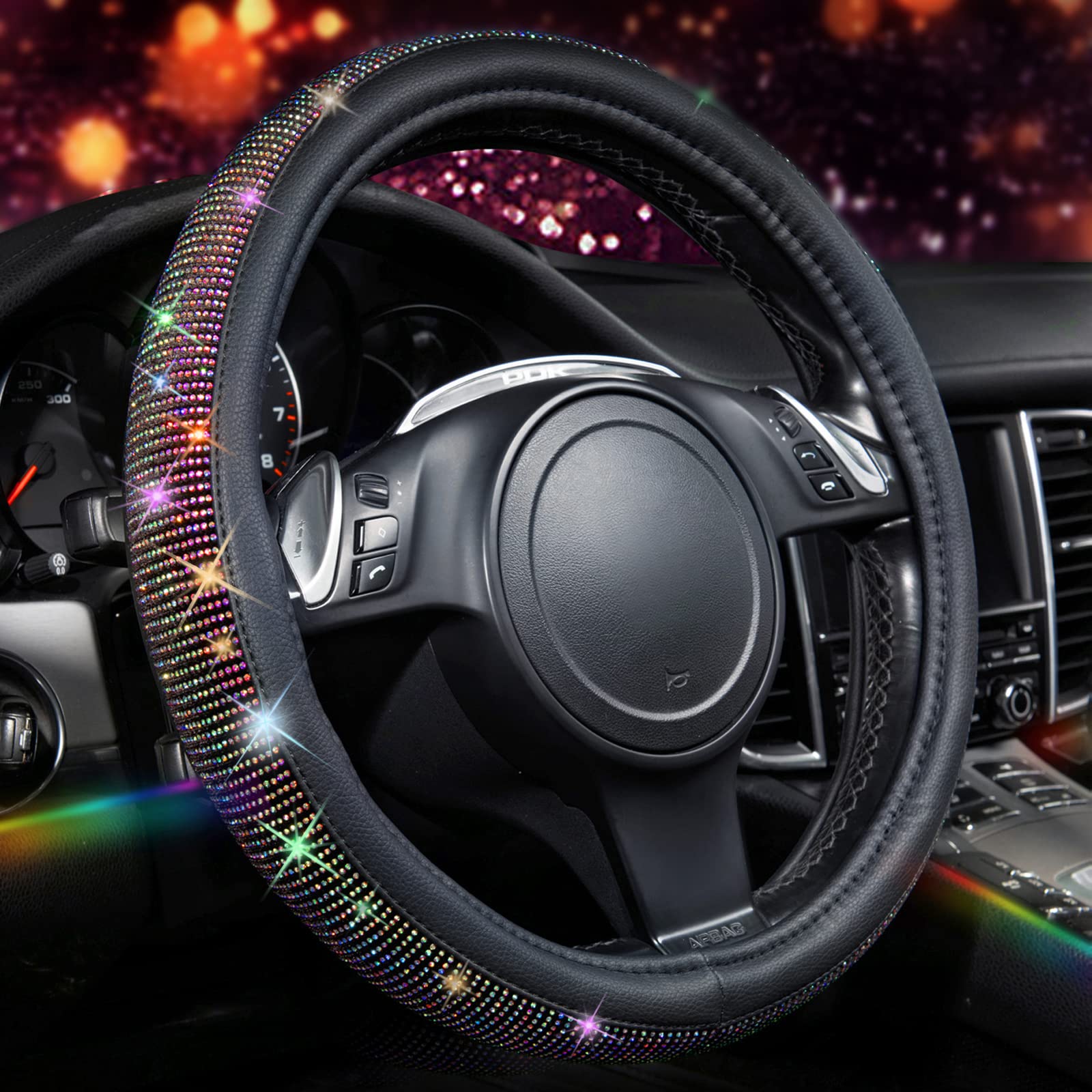 Car Pass Diamond Leather Steering Wheel Cover, With Bling Crystal Rhinestones Fit Suvs,Vans,Sedans,Cars,Trucks Universal Fit 14.