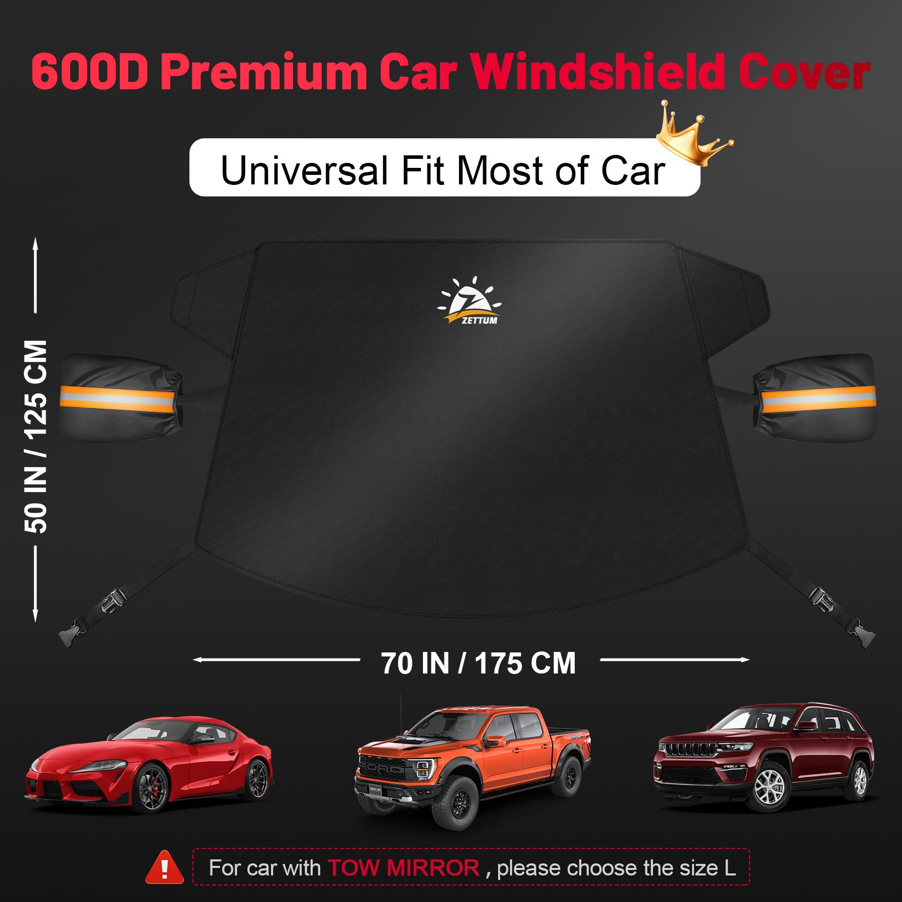Zettum Car Windshield Cover, 600D Oxford Cloth, Black, 70x50 Inch, Heavy Duty Ice & Snow Protection for Most Vehicles
