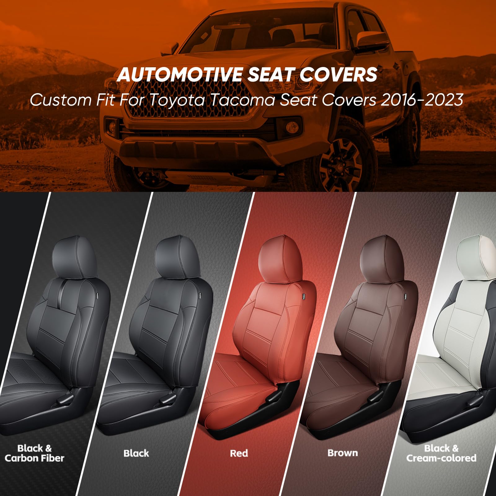 DrCarNow Leather Seat Covers for Toyota Tacoma 2016-2023, Waterproof, Full Set, Black, Model DR000TTFF