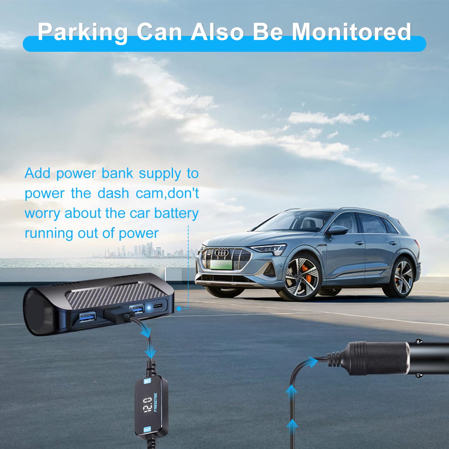 FARSENSE USB A to 12V Cigarette Lighter Adapter, 3FT, Black, Model UC12-CG, Supports Voltage Display for Dash Cam, GPS, Driving Recorder