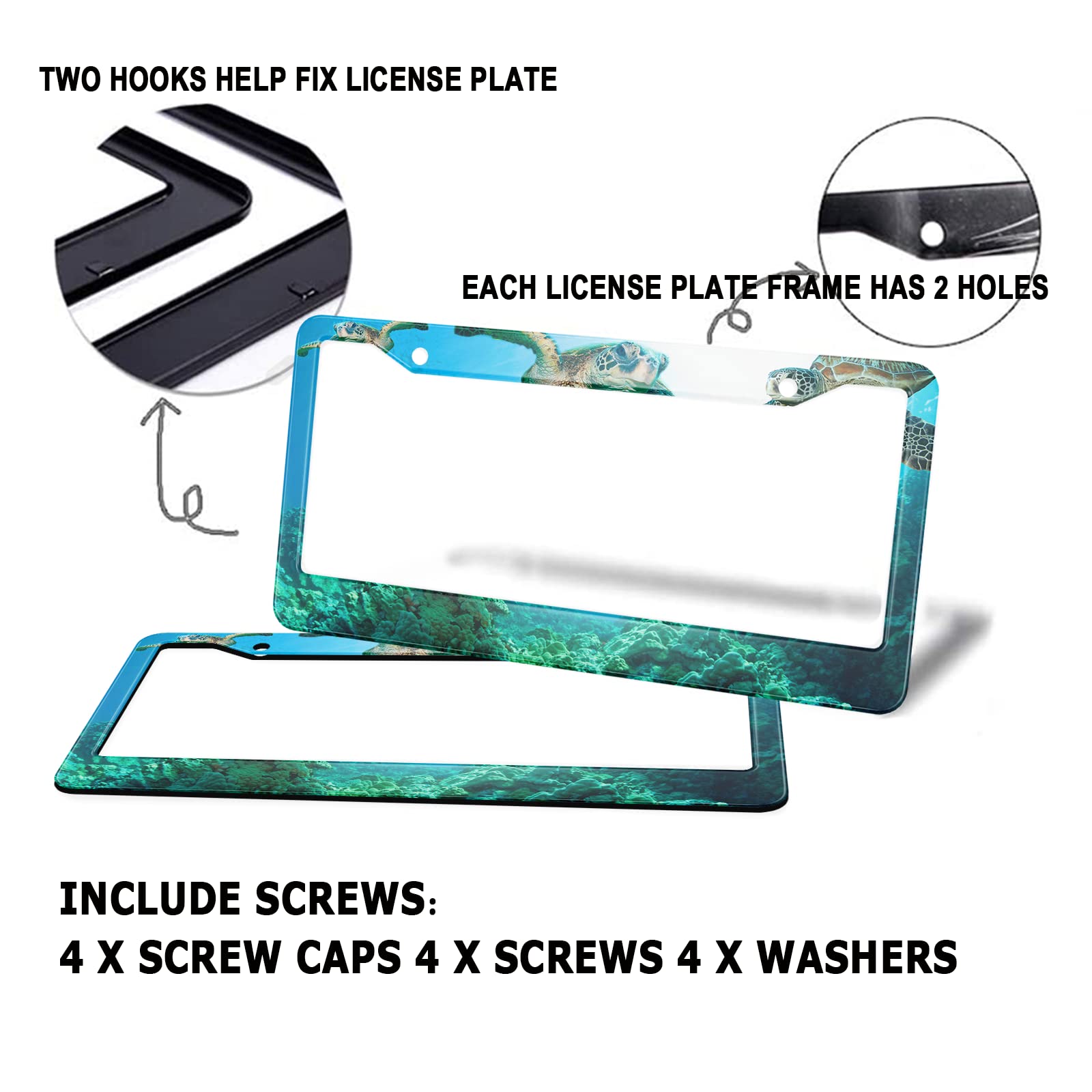 HOSNYE Sea Turtle License Plate Frame Black 2 Pcs Ocean Seagrass Deep Sea Metal Cute Licenses Plates Frames Licenses Plate Cover