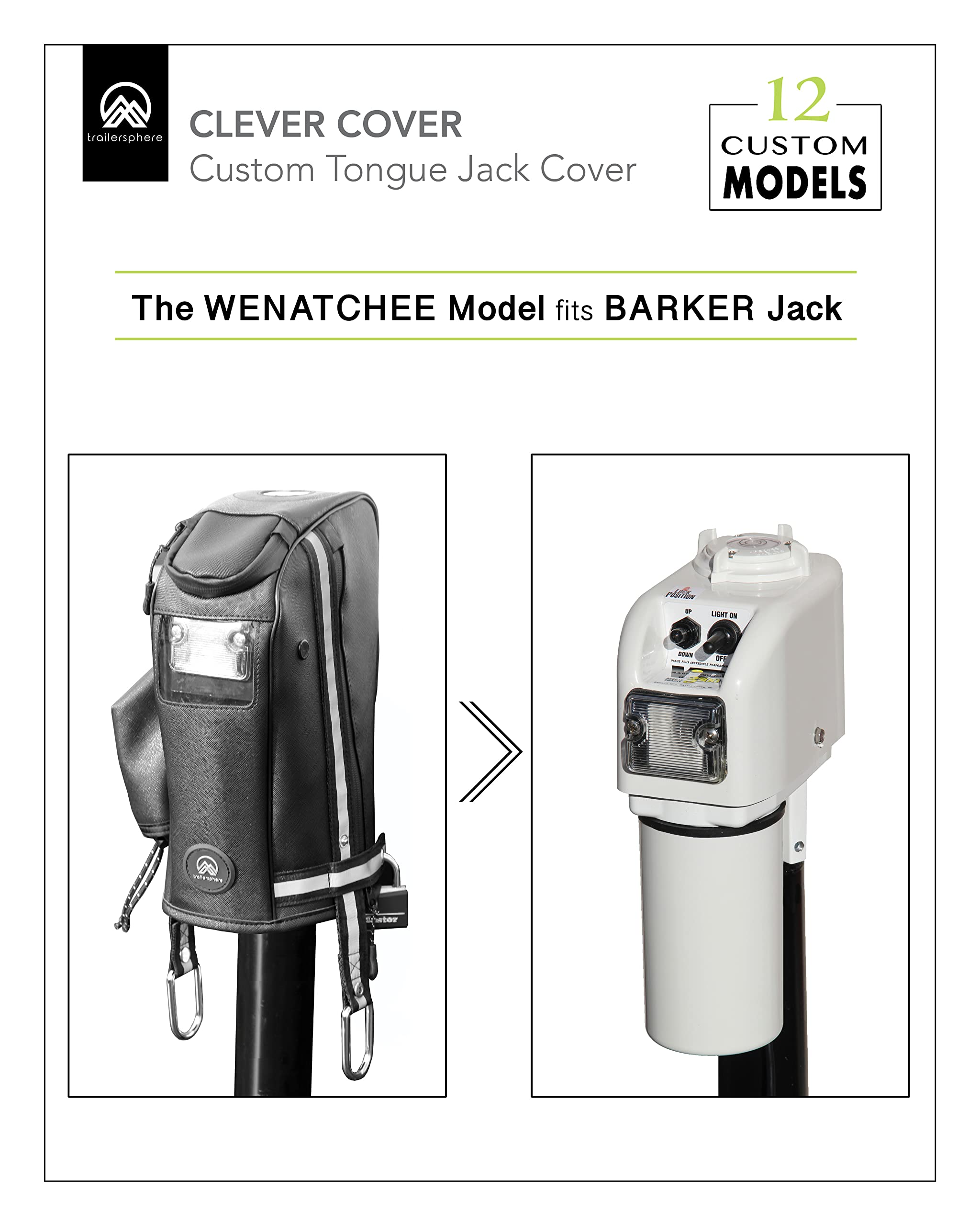 Trailersphere Clever Cover for Barker Jack - Black Waterproof Electric Tongue Jack Cover for Trailer, RV, Camper, CCBA10