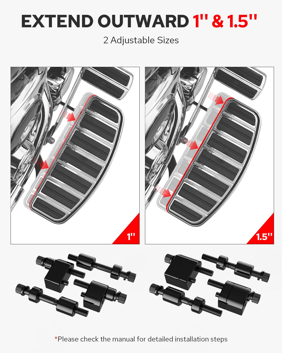 Benlari Driver Floorboard Extensions Kit, Black, Fits Harley Touring Models 2009-2024, Stainless Steel, 1" & 1.5" Size