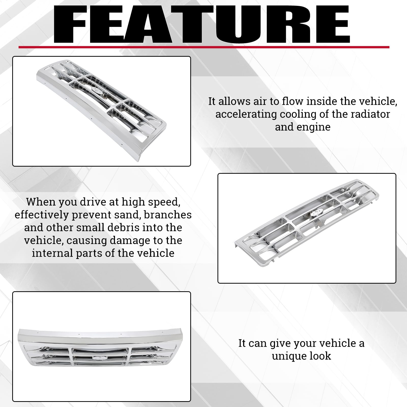 HECASA Front Grille Grill for 1992-1997 Ford Bronco/F-150/F-250/F-350, Chrome Silvery, Model CB-2017, Durable ABS Material