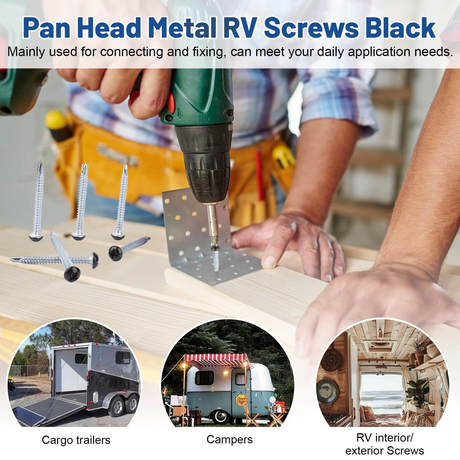 Pan Head Metal RV Screws Black #8x1 for Quad Drive Self Tapping Drill RV Interior and Exterior Enclosed Trailer Repair Screws -